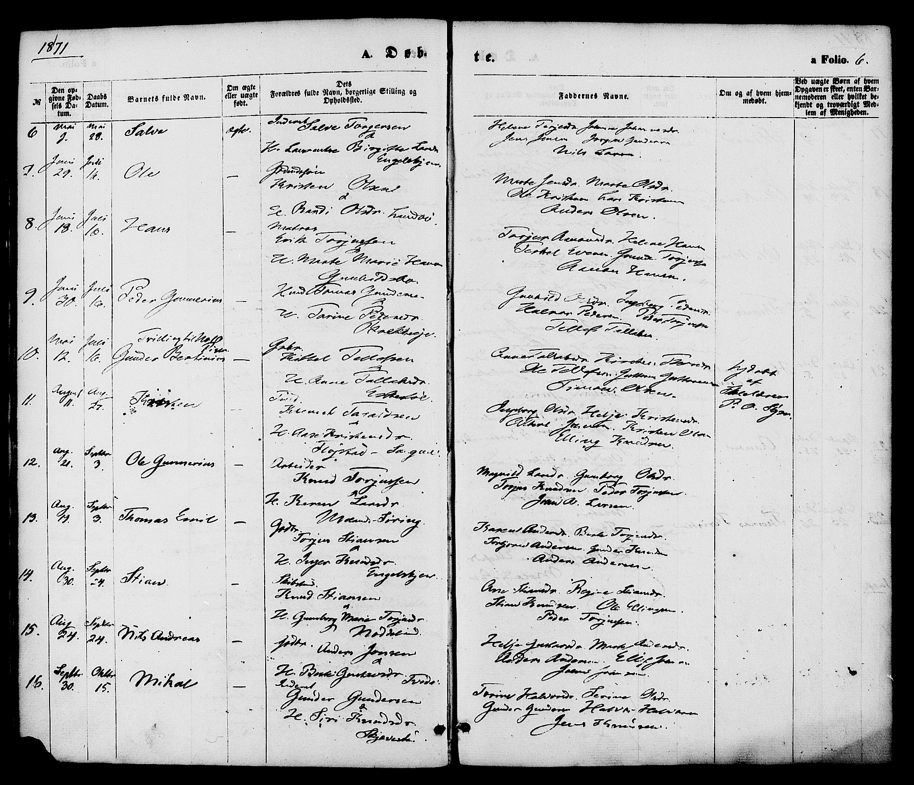 Austre Moland sokneprestkontor, AV/SAK-1111-0001/F/Fa/Faa/L0009: Parish register (official) no. A 9, 1869-1879, p. 6