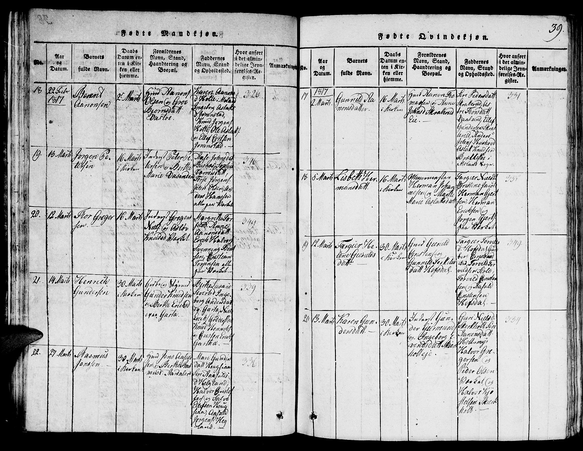 Holt sokneprestkontor, SAK/1111-0021/F/Fb/L0006: Parish register (copy) no. B 6, 1813-1823, p. 39