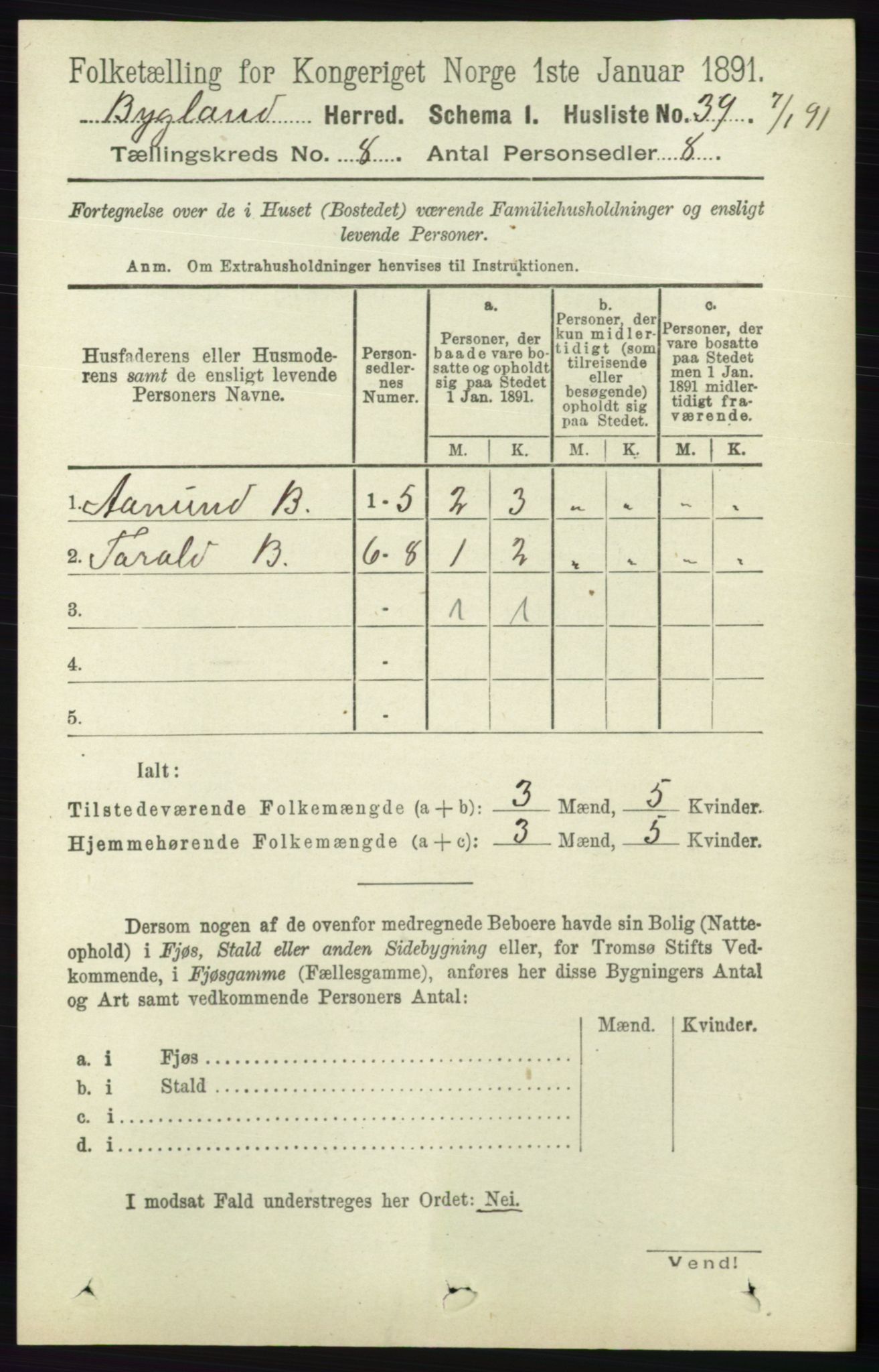 RA, 1891 census for 0938 Bygland, 1891, p. 1907