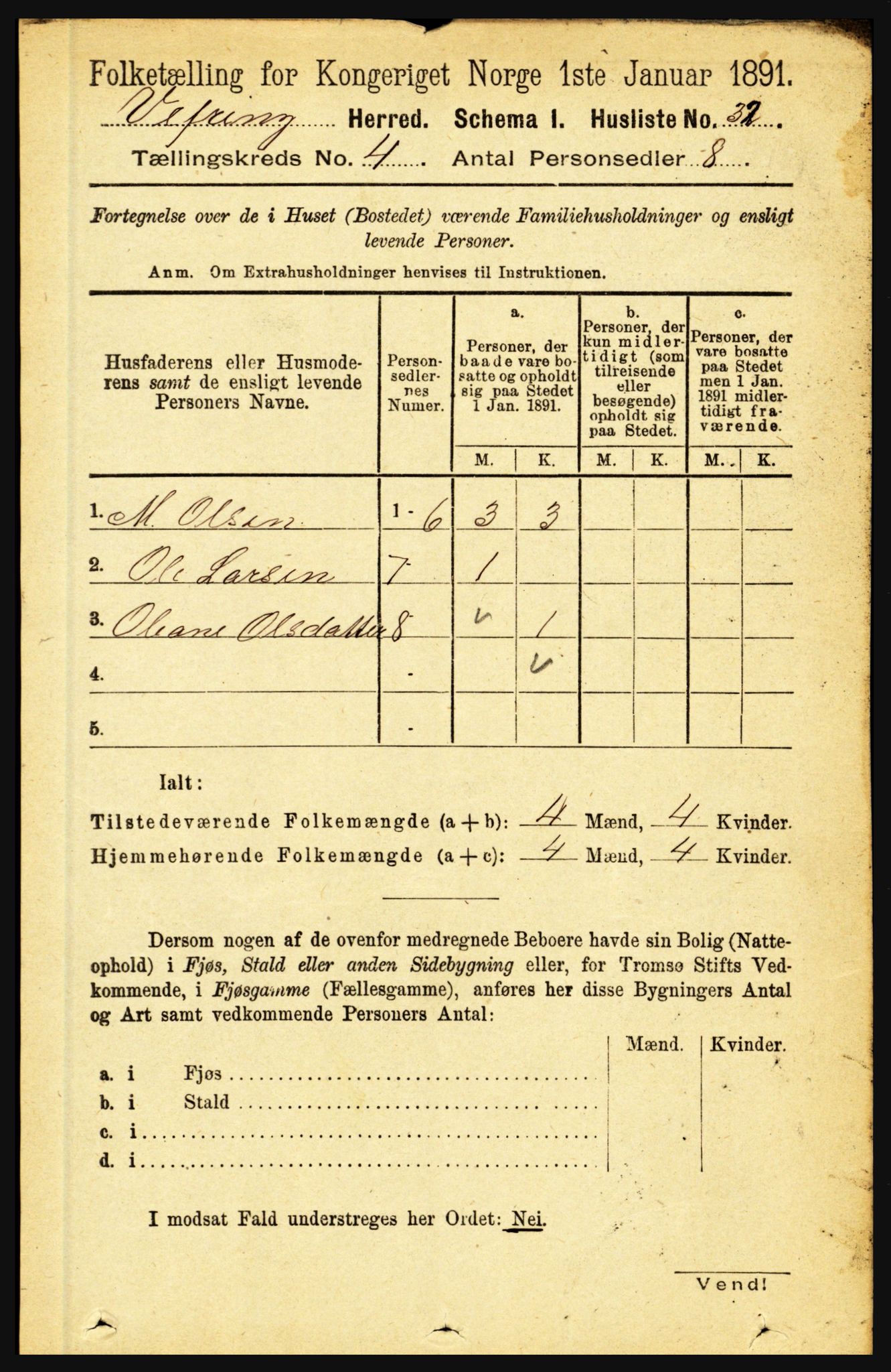 RA, 1891 census for 1434 Vevring, 1891, p. 1180