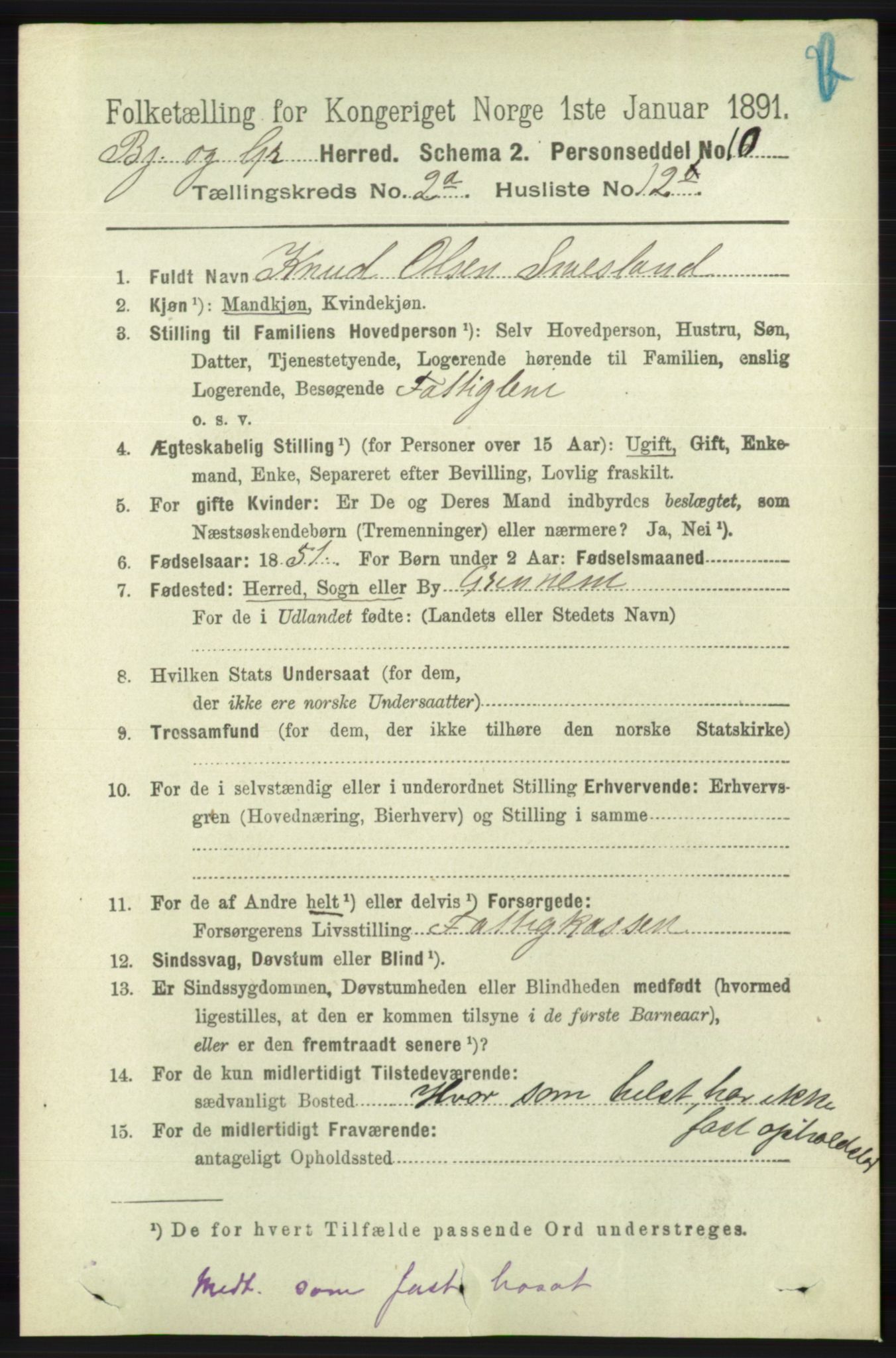 RA, 1891 census for 1024 Bjelland og Grindheim, 1891, p. 383