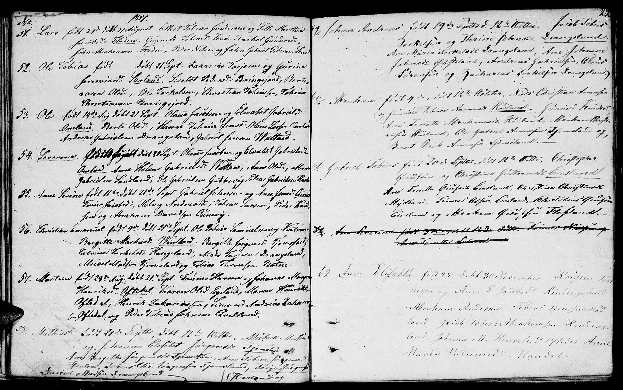 Lyngdal sokneprestkontor, AV/SAK-1111-0029/F/Fb/Fbc/L0002: Parish register (copy) no. B 2, 1849-1864, p. 22