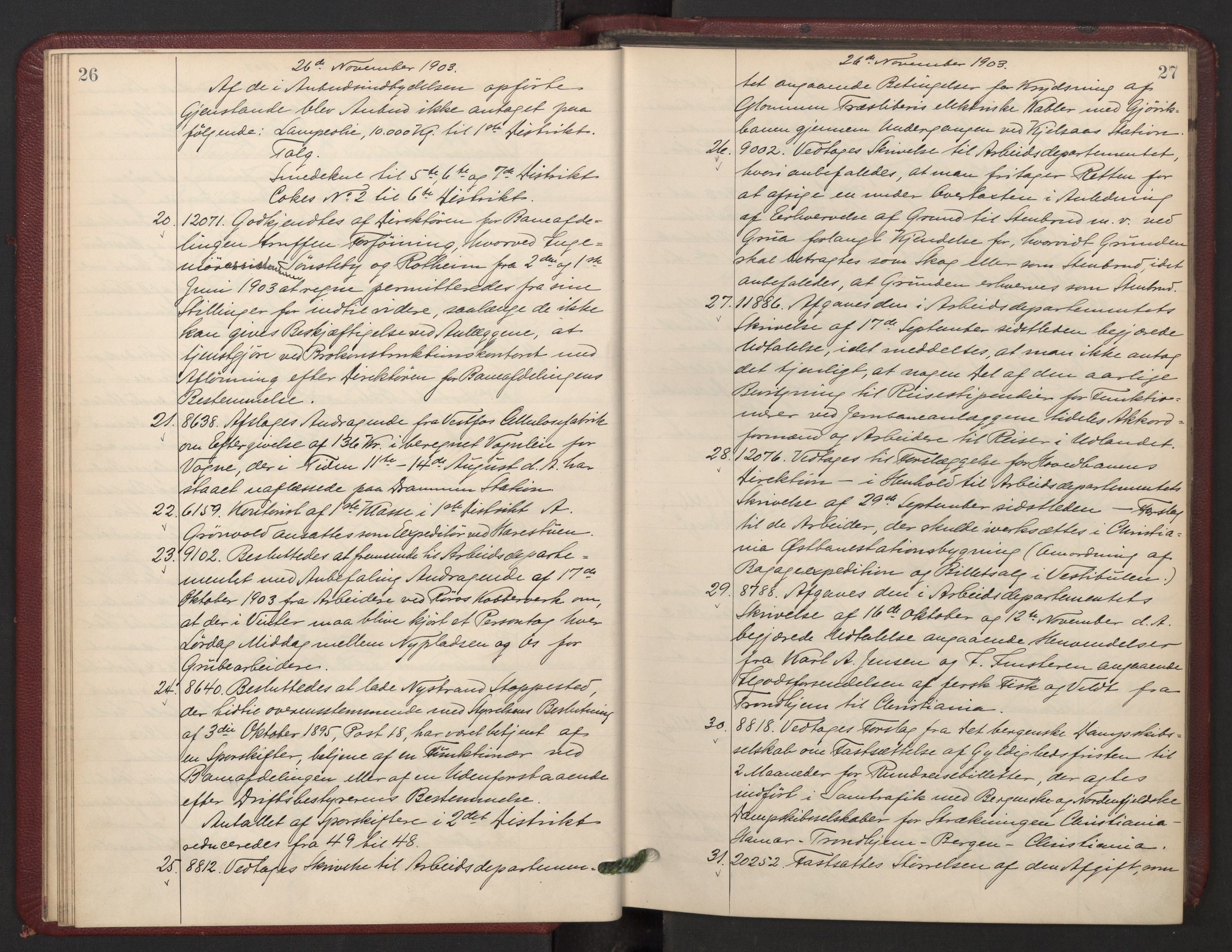 Norges statsbaner, Administrasjons- økonomi- og personalavdelingen, AV/RA-S-3412/A/Aa/L0007: Forhandlingsprotokoll, 1903-1905, p. 26-27