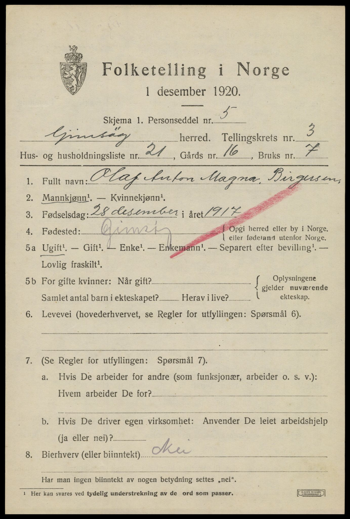 SAT, 1920 census for Gimsøy, 1920, p. 1963