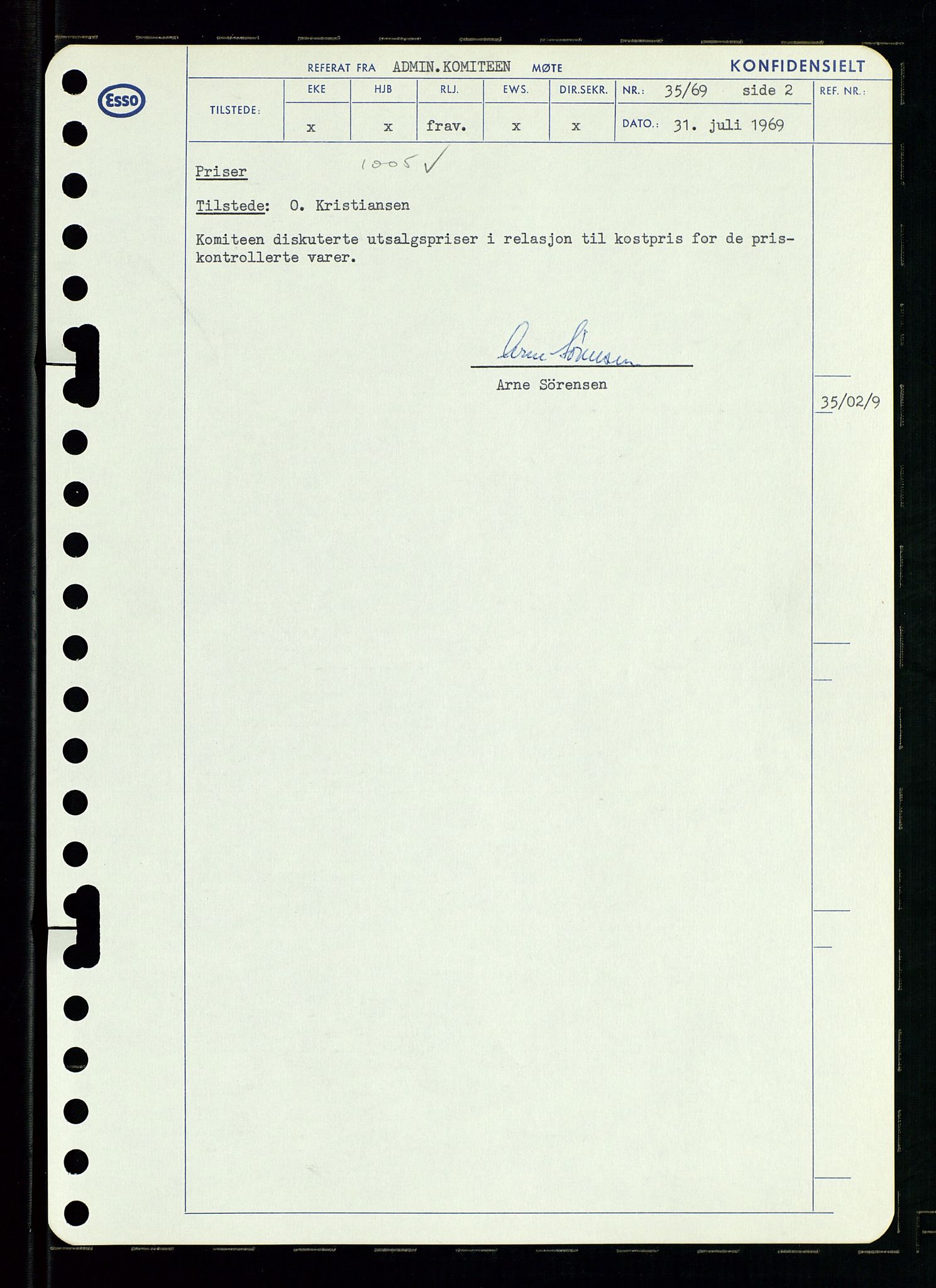 Pa 0982 - Esso Norge A/S, AV/SAST-A-100448/A/Aa/L0003/0001: Den administrerende direksjon Board minutes (styrereferater) og Bedriftforsamlingsprotokoll / Den administrerende direksjon Board minutes (styrereferater), 1969, p. 100