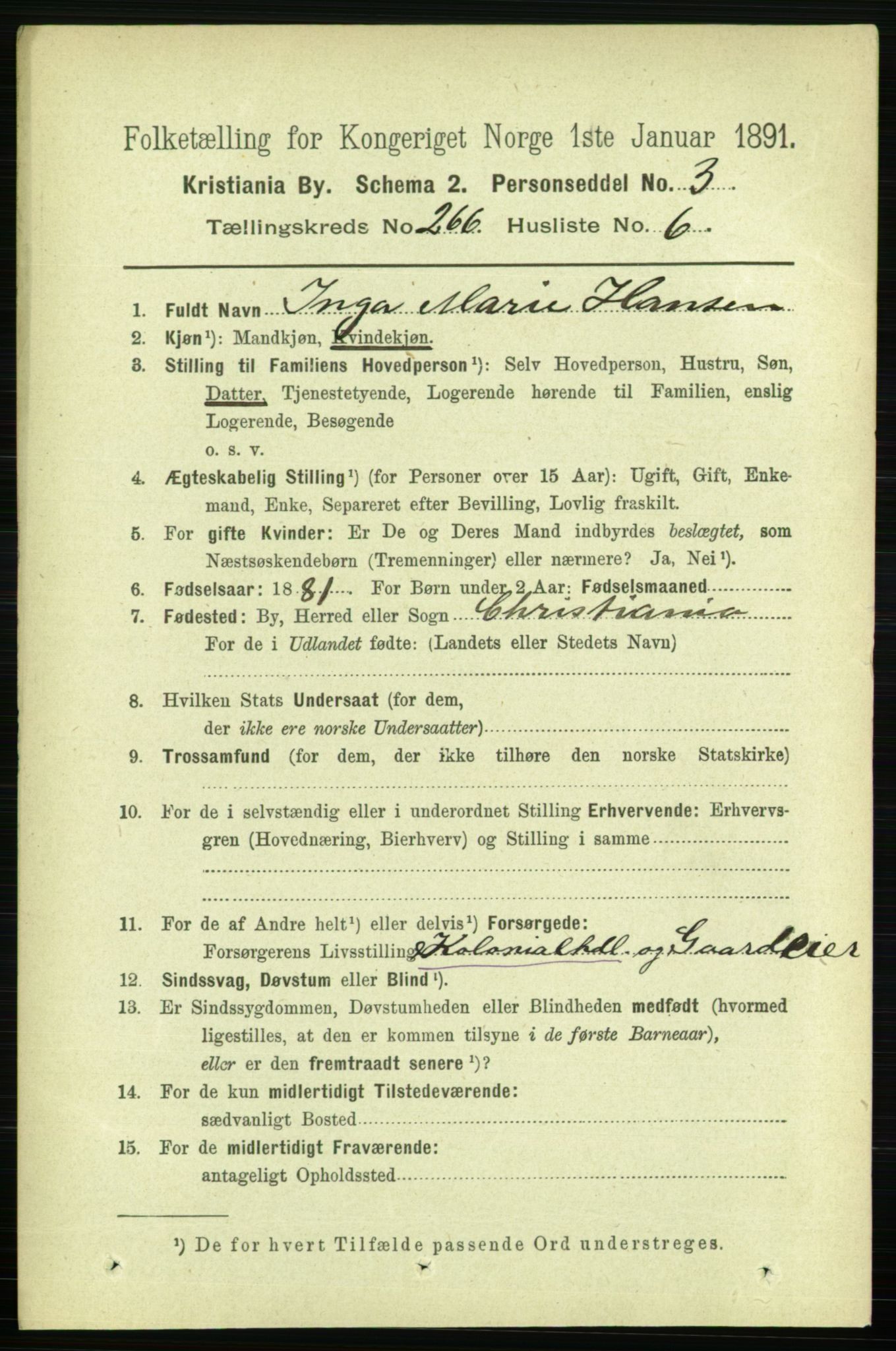 RA, 1891 census for 0301 Kristiania, 1891, p. 161284