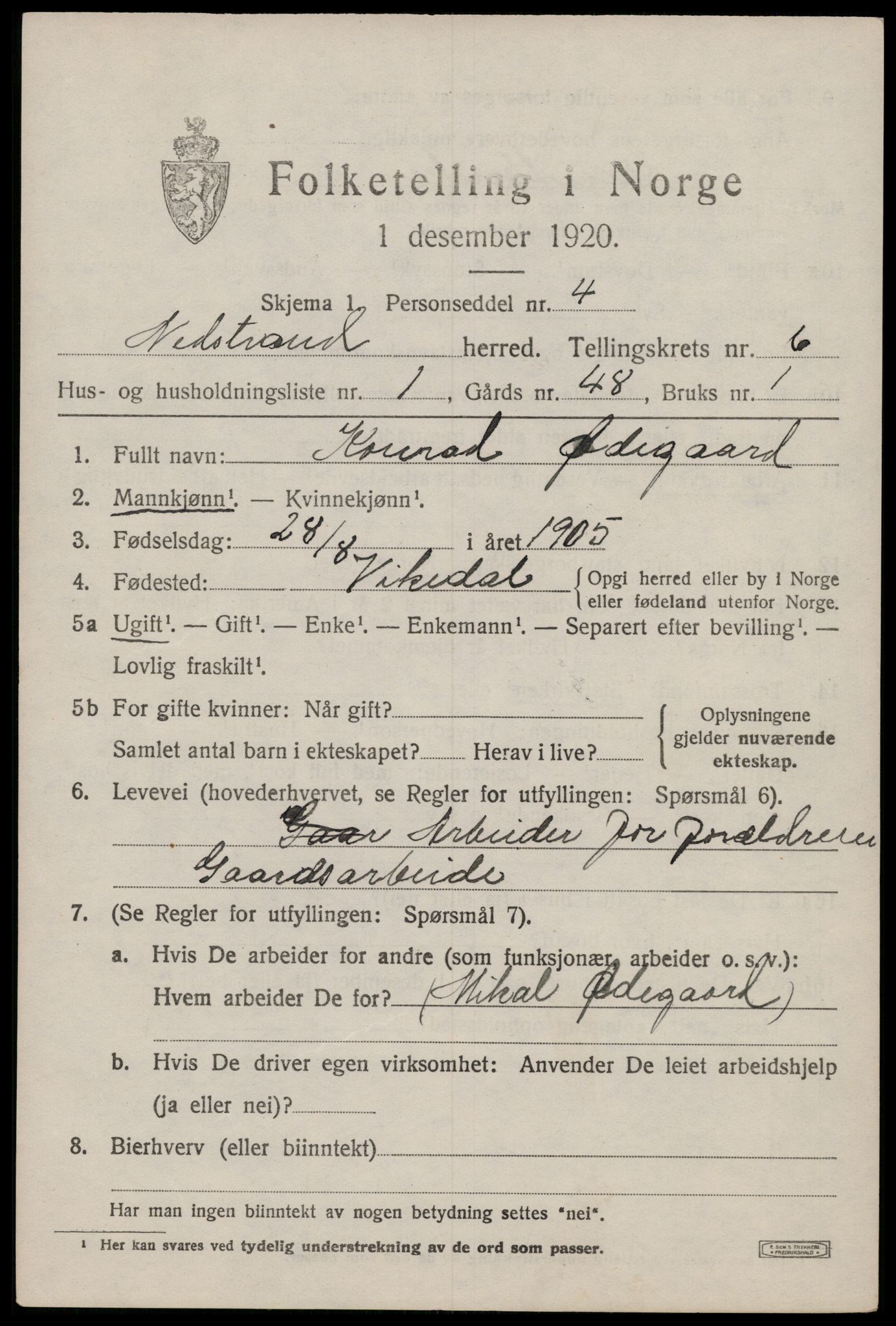 SAST, 1920 census for Nedstrand, 1920, p. 2479