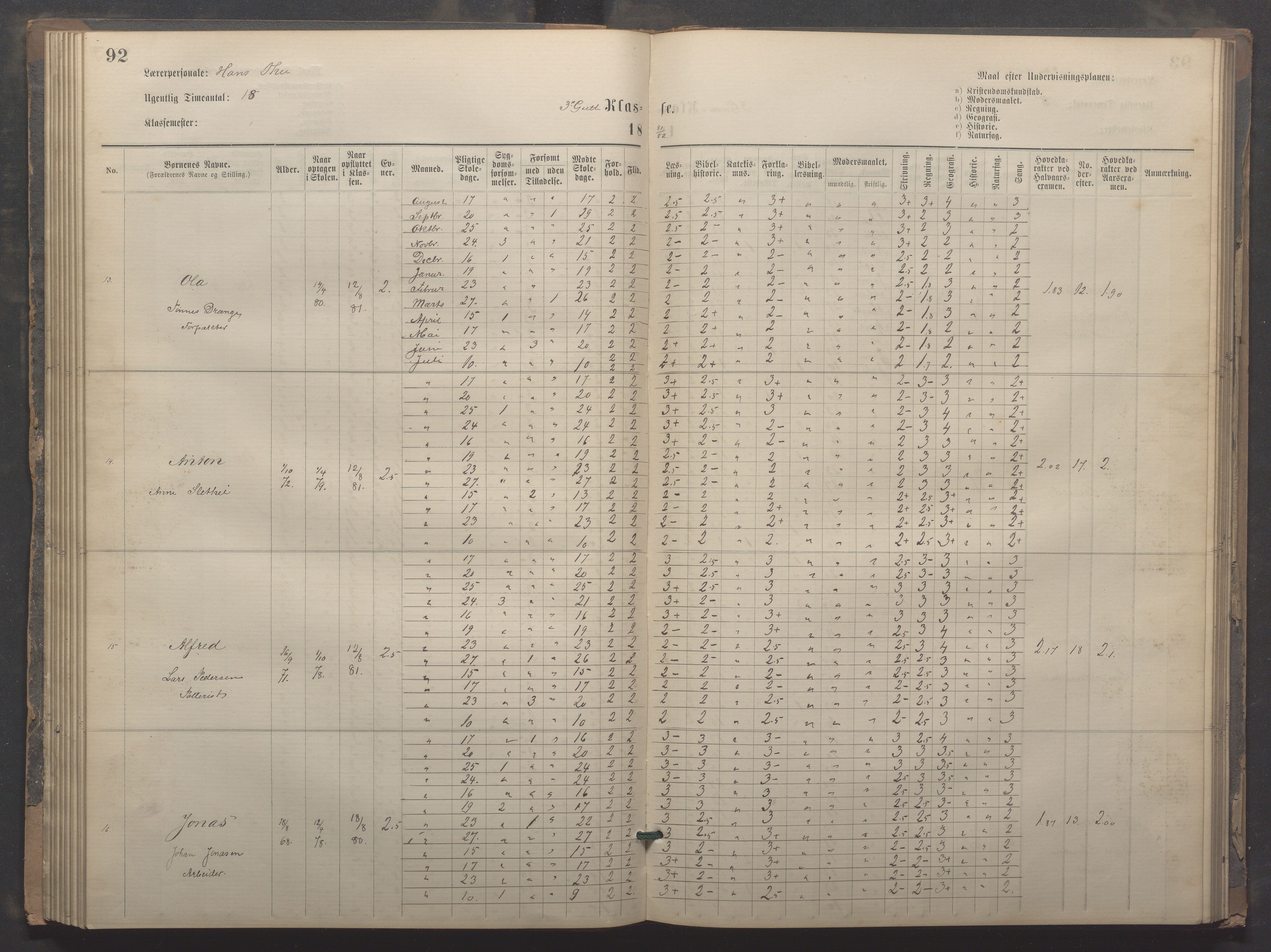 Egersund kommune (Ladested) - Egersund almueskole/folkeskole, IKAR/K-100521/H/L0020: Skoleprotokoll - Almueskolen, 3./4. klasse, 1878-1887, p. 92