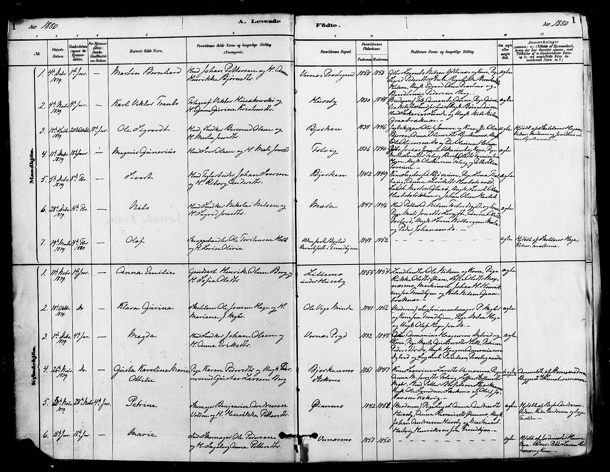 Ministerialprotokoller, klokkerbøker og fødselsregistre - Nord-Trøndelag, SAT/A-1458/709/L0077: Parish register (official) no. 709A17, 1880-1895, p. 1