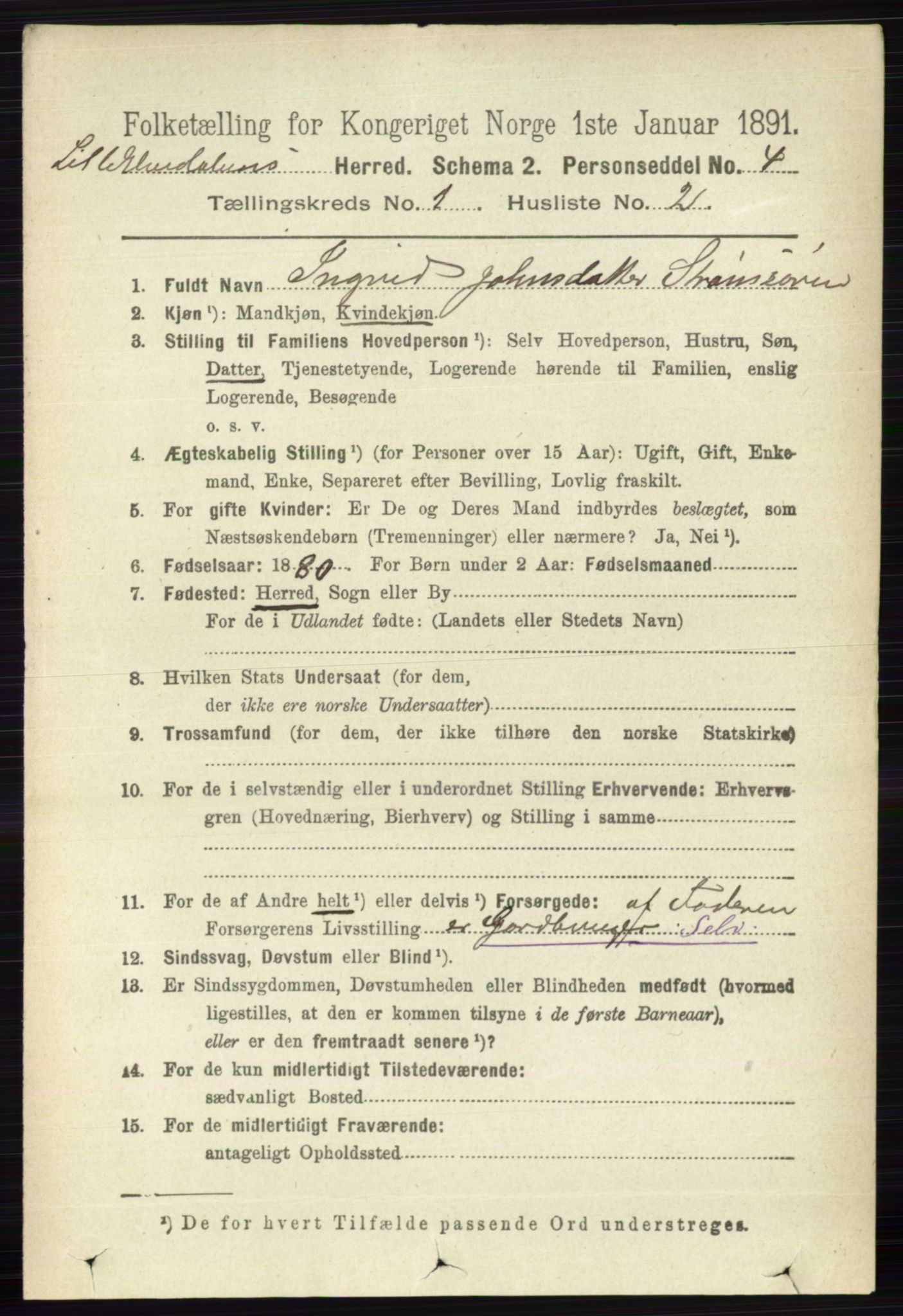 RA, 1891 census for 0438 Lille Elvedalen, 1891, p. 97