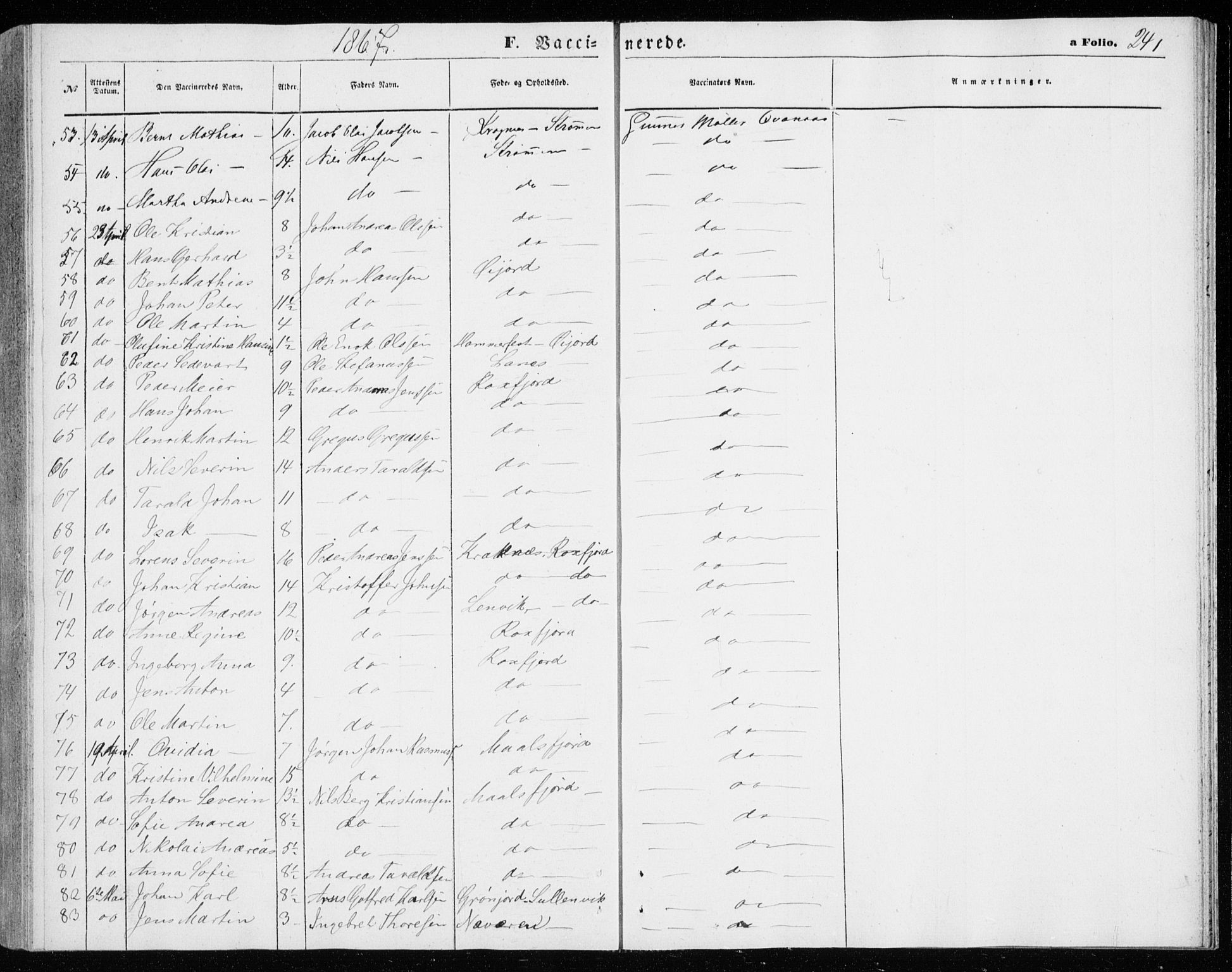 Lenvik sokneprestembete, AV/SATØ-S-1310/H/Ha/Haa/L0009kirke: Parish register (official) no. 9, 1866-1873, p. 241