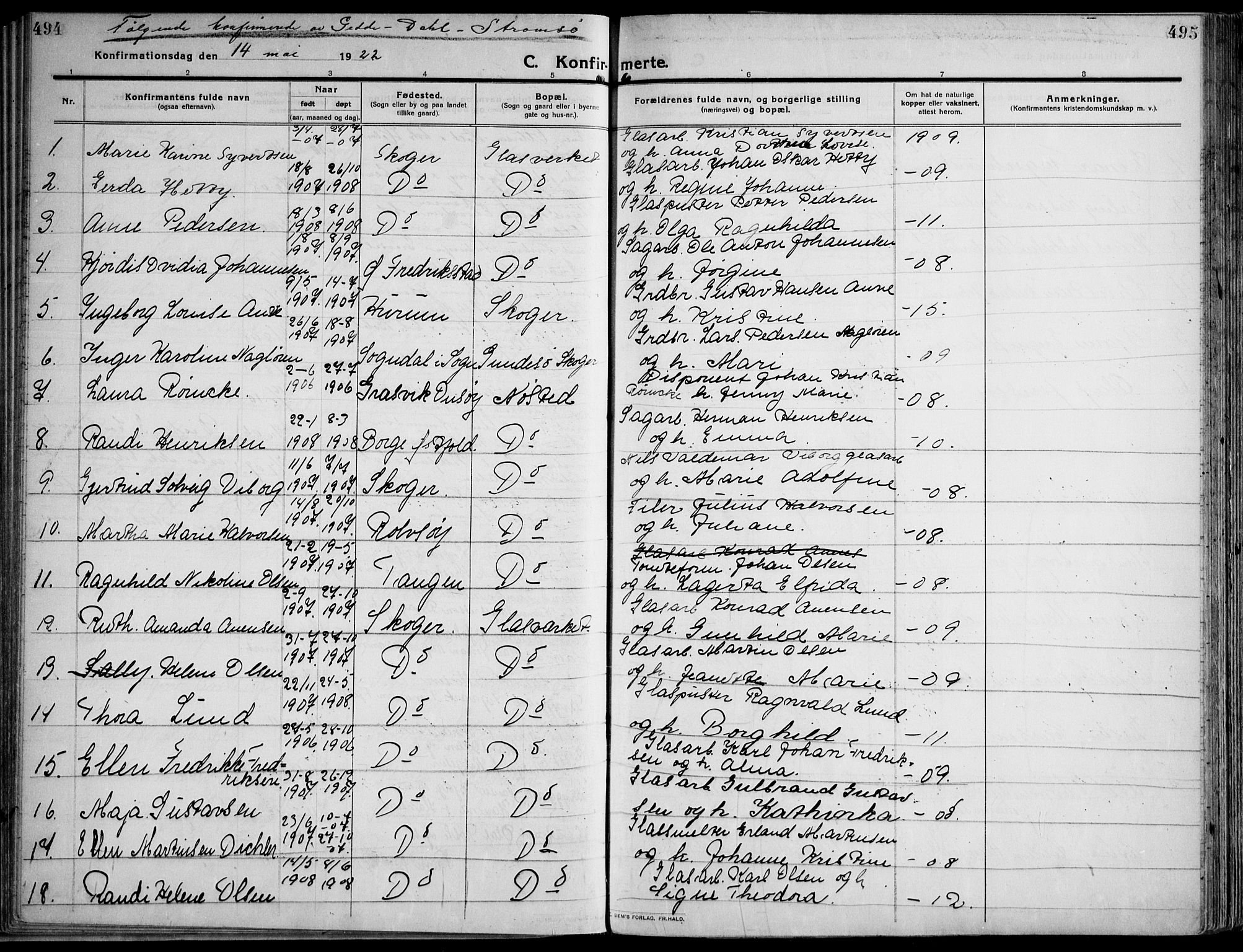 Skoger kirkebøker, AV/SAKO-A-59/F/Fa/L0007: Parish register (official) no. I 7, 1911-1936, p. 494-495