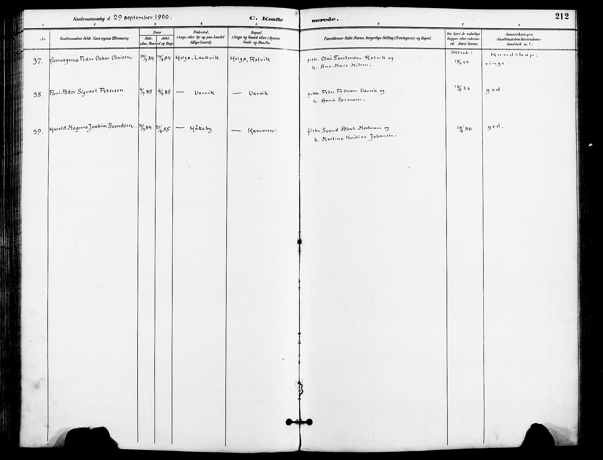 Karlsøy sokneprestembete, AV/SATØ-S-1299/H/Ha/Haa/L0007kirke: Parish register (official) no. 7, 1891-1902, p. 212