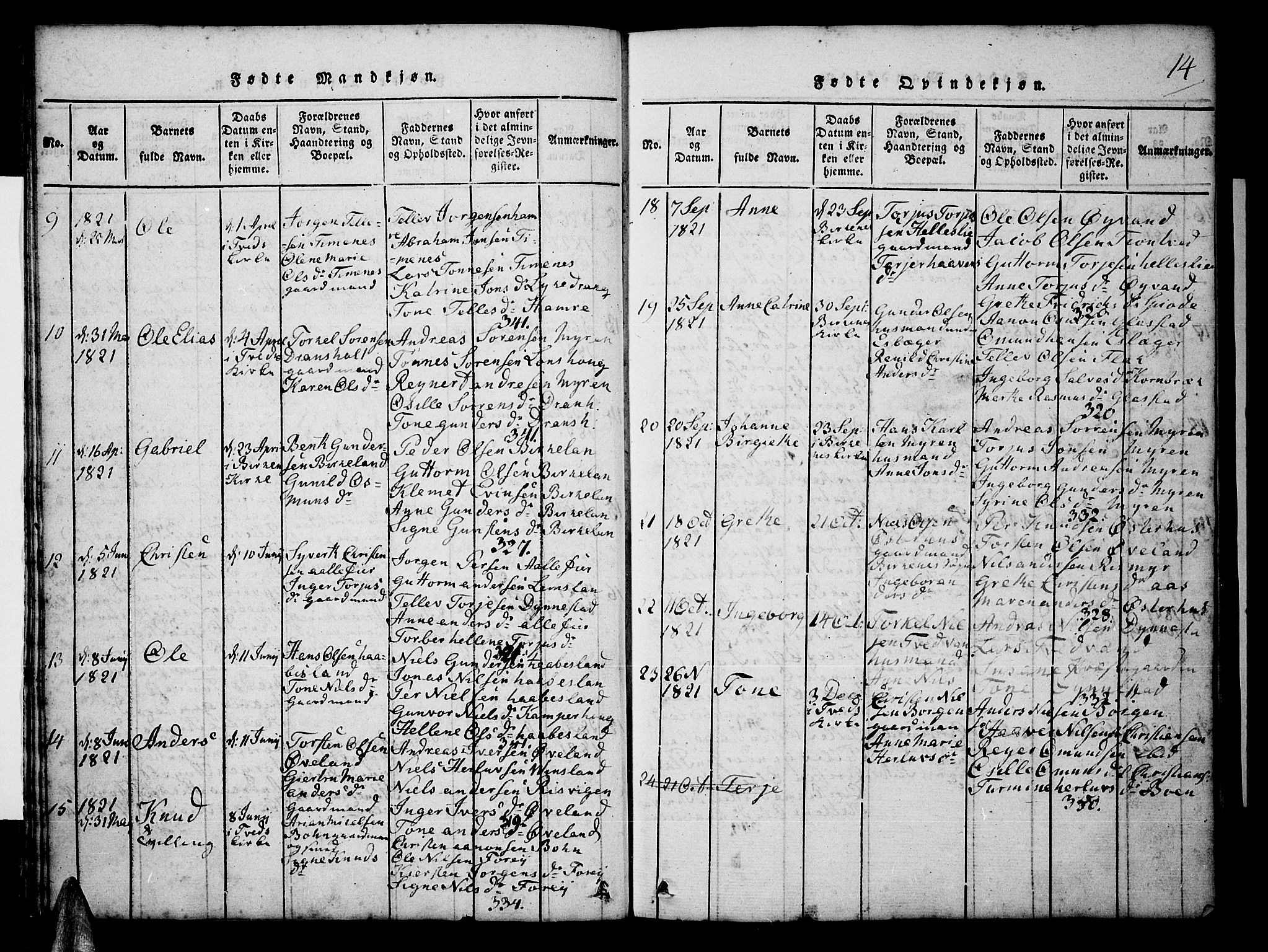 Tveit sokneprestkontor, AV/SAK-1111-0043/F/Fb/L0001: Parish register (copy) no. B 1, 1820-1834, p. 14