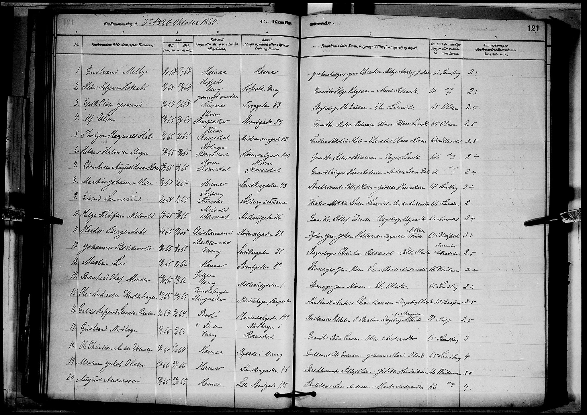 Vang prestekontor, Hedmark, SAH/PREST-008/H/Ha/Hab/L0012: Parish register (copy) no. 12, 1878-1889, p. 121