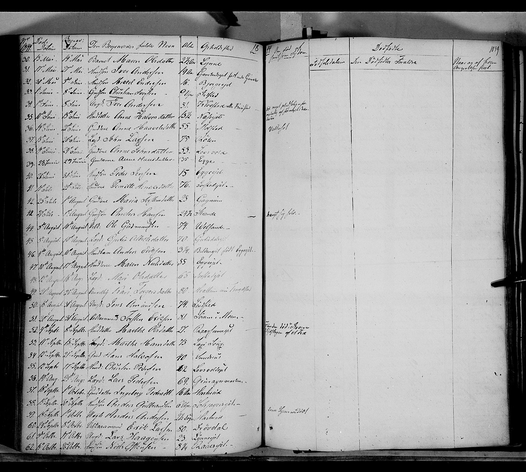 Gran prestekontor, SAH/PREST-112/H/Ha/Haa/L0011: Parish register (official) no. 11, 1842-1856, p. 1038-1039