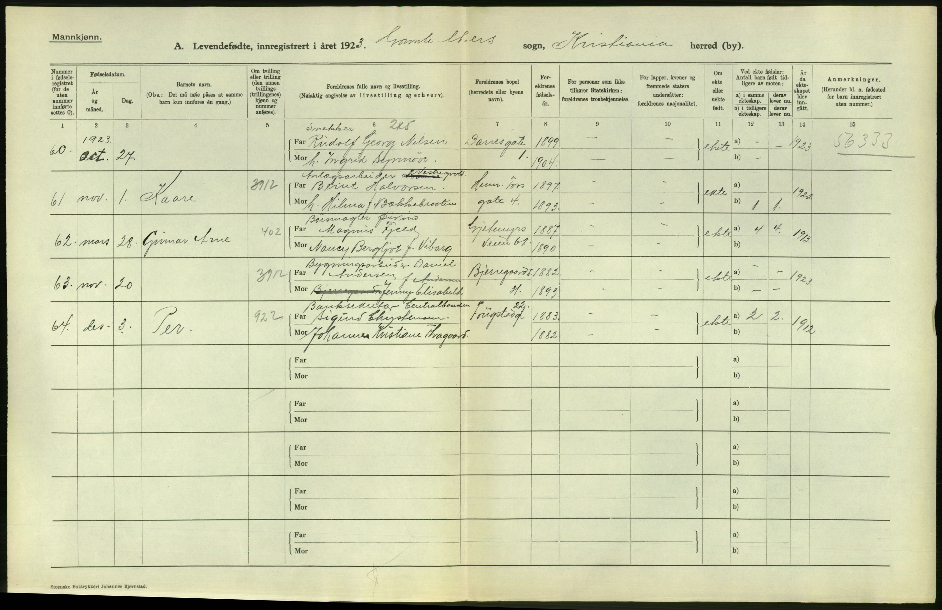 Statistisk sentralbyrå, Sosiodemografiske emner, Befolkning, AV/RA-S-2228/D/Df/Dfc/Dfcc/L0006: Kristiania: Levendefødte menn og kvinner., 1923, p. 24