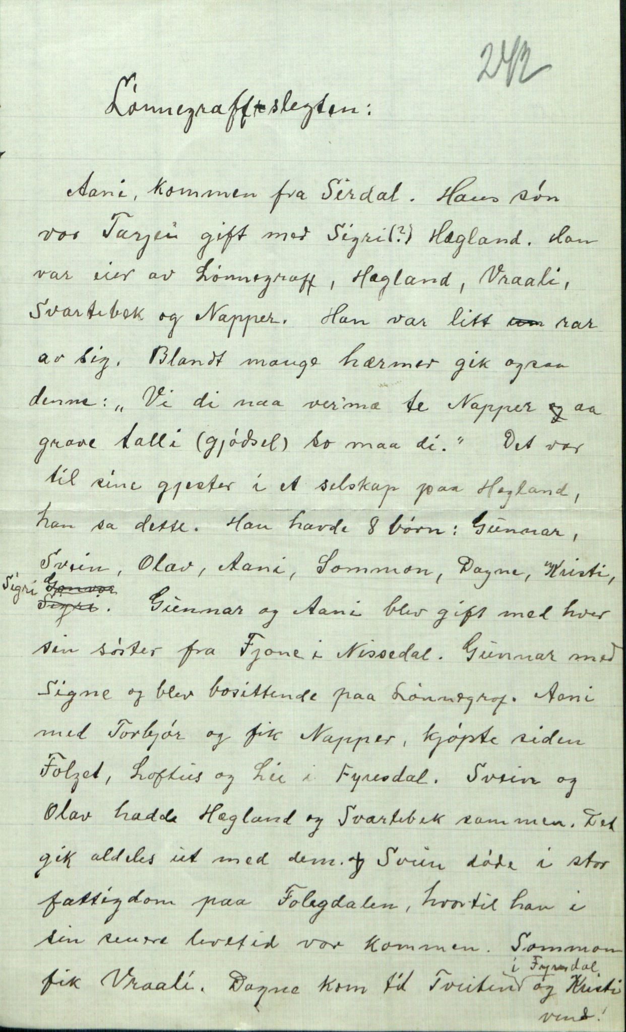 Rikard Berge, TEMU/TGM-A-1003/F/L0005/0003: 160-200 / 162 Sagn, viser, fortellinger, rosemåling, treskurd. Brev, bl.a. til R. B. fra Olav O. Vinje, Amerika, p. 242