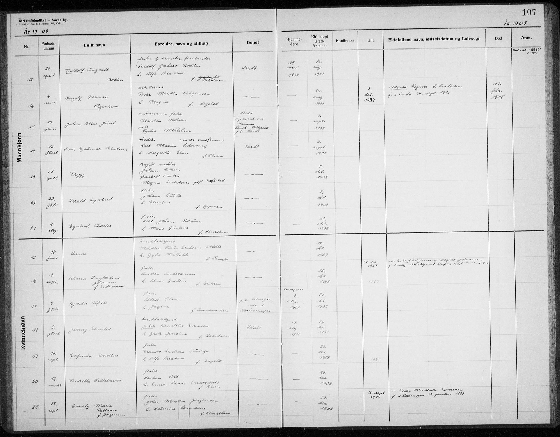 Vardø sokneprestkontor, AV/SATØ-S-1332/H/Hc/L0001kirkerekon: Other parish register no. 1, 1900-1914, p. 107