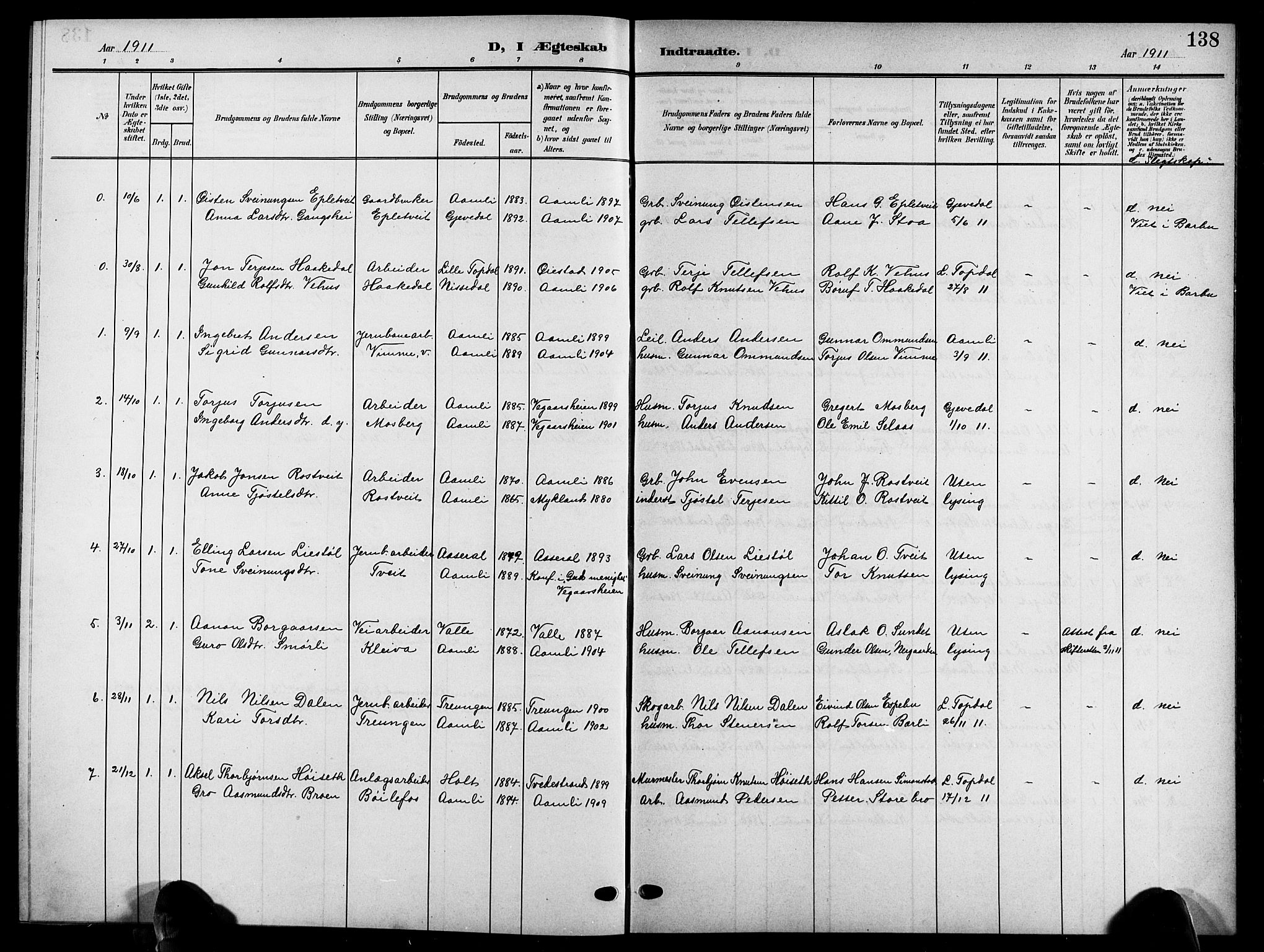 Åmli sokneprestkontor, SAK/1111-0050/F/Fb/Fbc/L0005: Parish register (copy) no. B 5, 1903-1916, p. 138