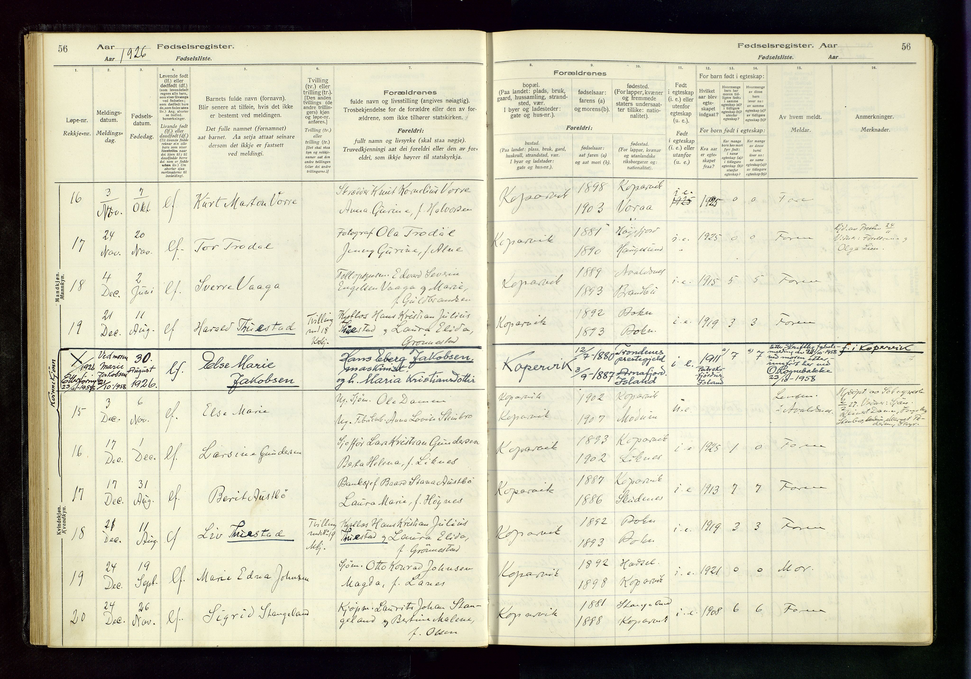 Kopervik sokneprestkontor, AV/SAST-A-101850/I/Id/L0001: Birth register no. 1, 1916-1952, p. 56