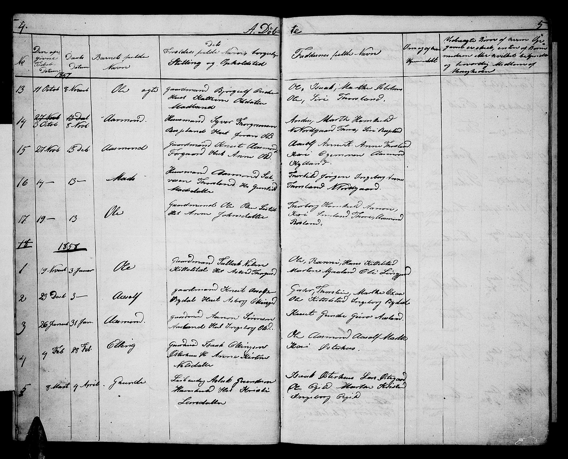 Åseral sokneprestkontor, AV/SAK-1111-0051/F/Fb/L0001: Parish register (copy) no. B 1, 1856-1877, p. 4-5