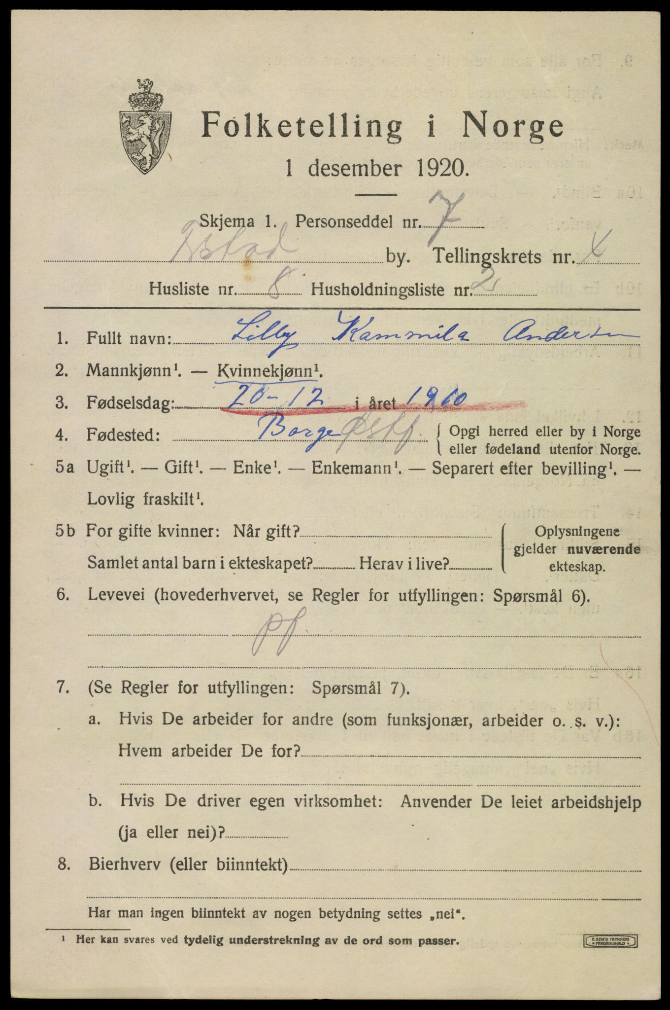 SAO, 1920 census for Fredrikstad, 1920, p. 17091