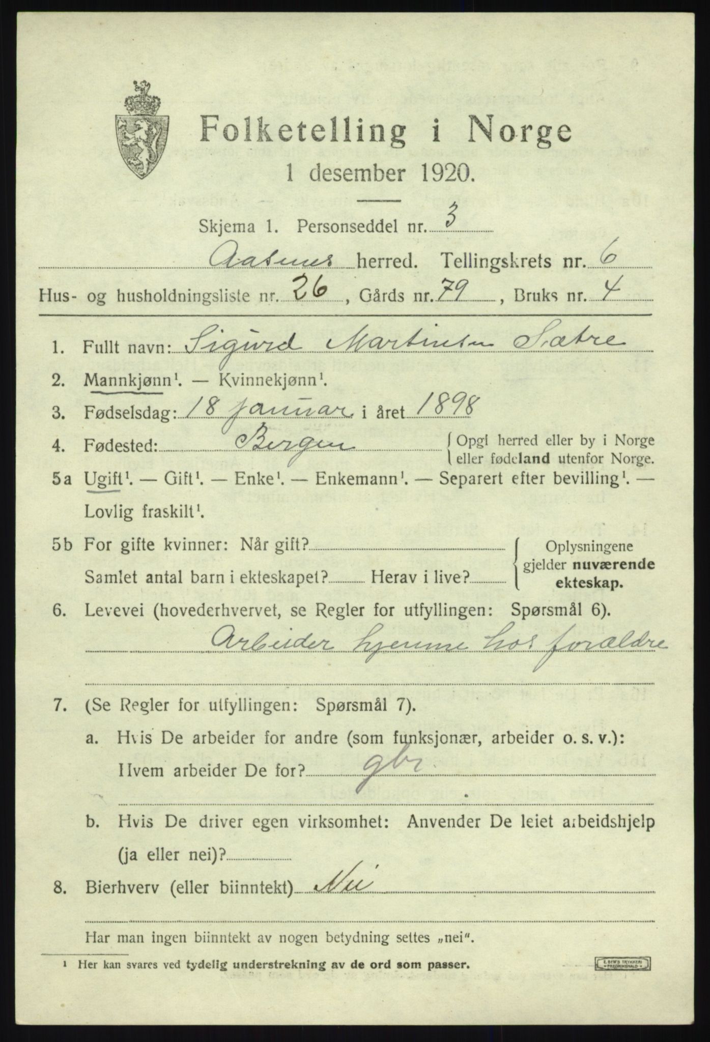 SAB, 1920 census for Åsane, 1920, p. 4453