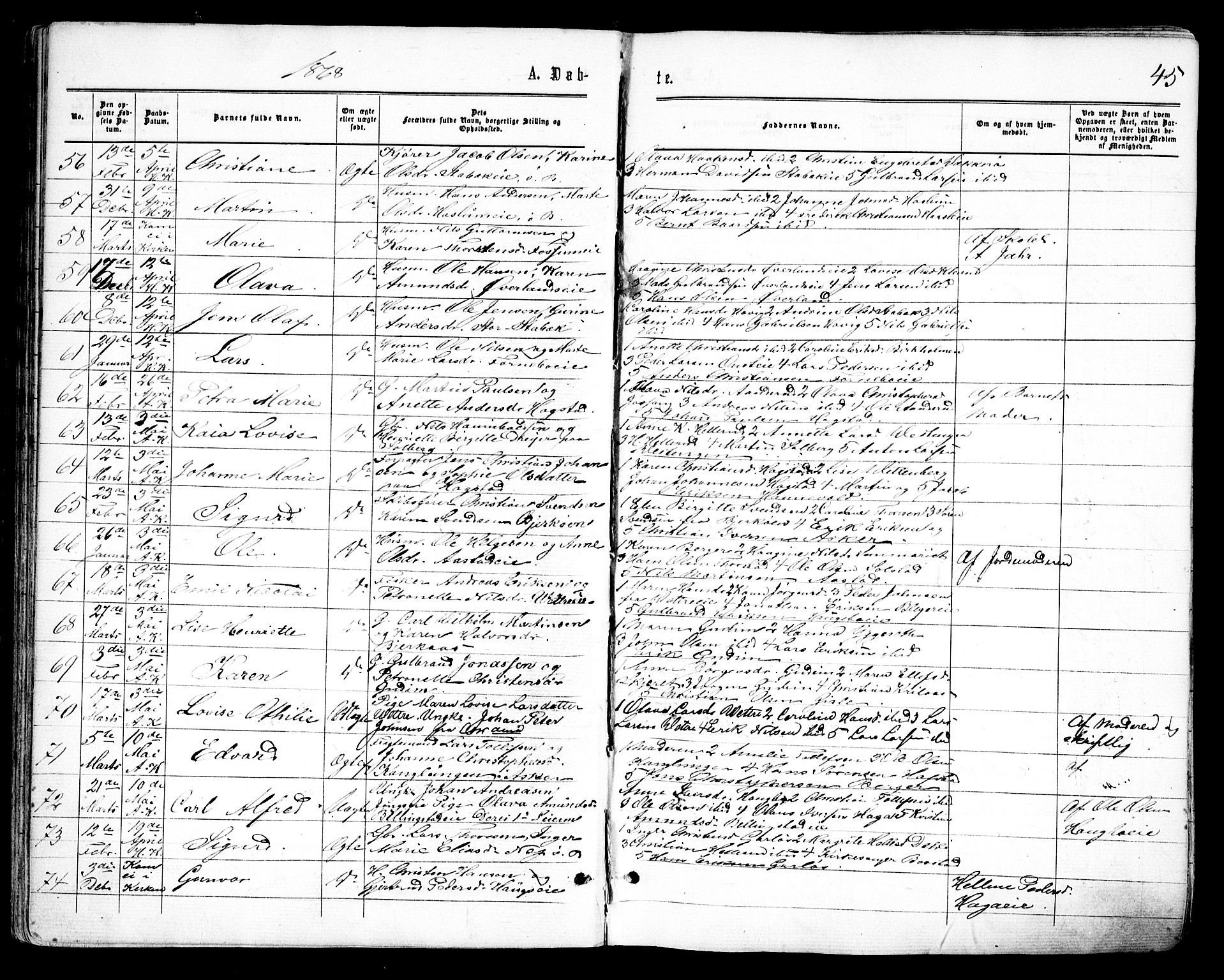 Asker prestekontor Kirkebøker, SAO/A-10256a/F/Fa/L0008: Parish register (official) no. I 8, 1865-1878, p. 45