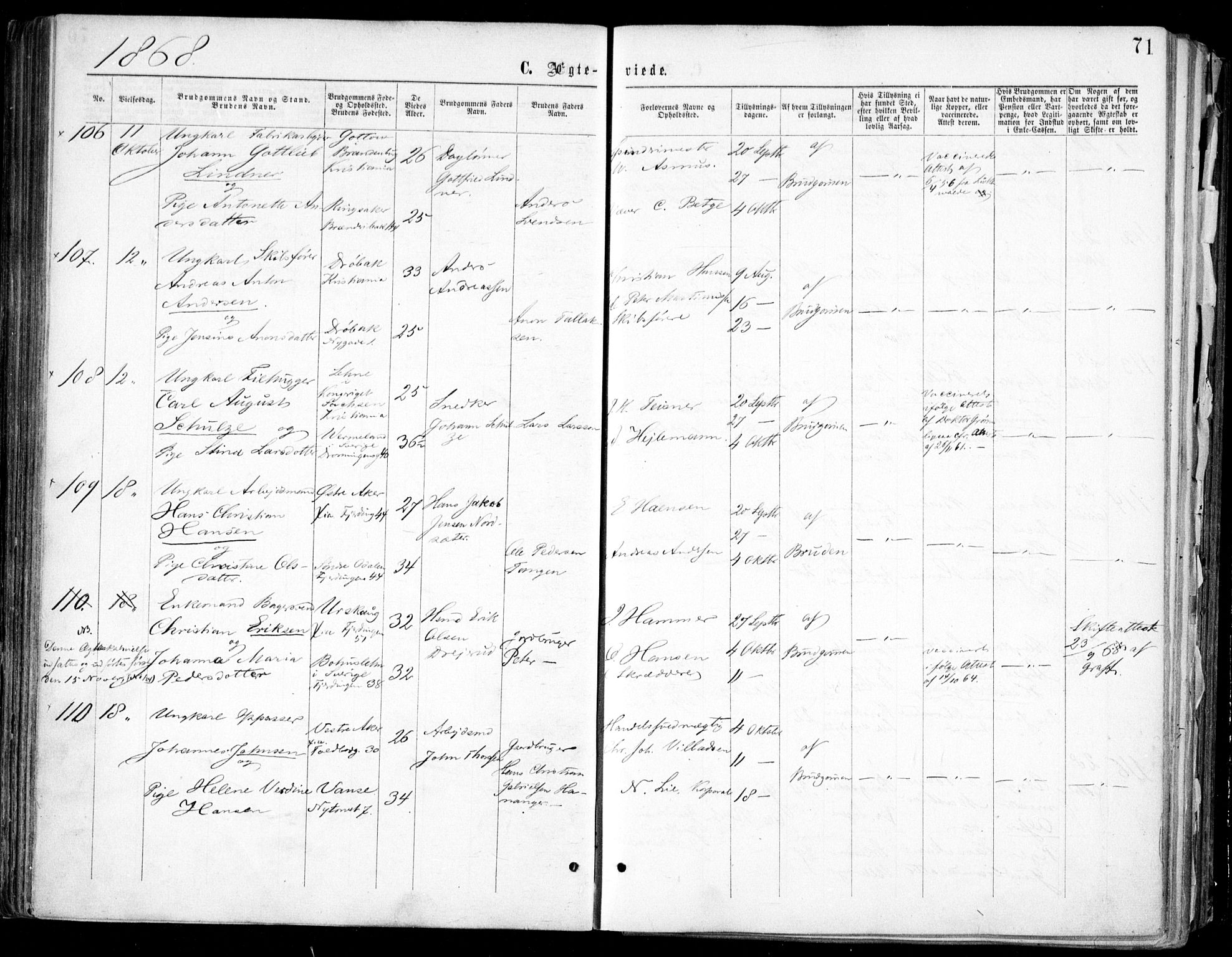 Oslo domkirke Kirkebøker, SAO/A-10752/F/Fa/L0021: Parish register (official) no. 21, 1865-1884, p. 71