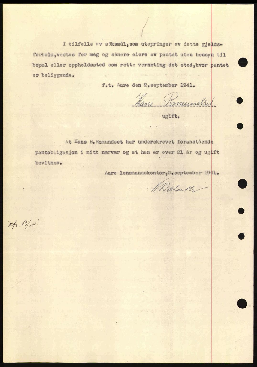 Nordmøre sorenskriveri, AV/SAT-A-4132/1/2/2Ca: Mortgage book no. B88, 1941-1942, Diary no: : 1573/1941