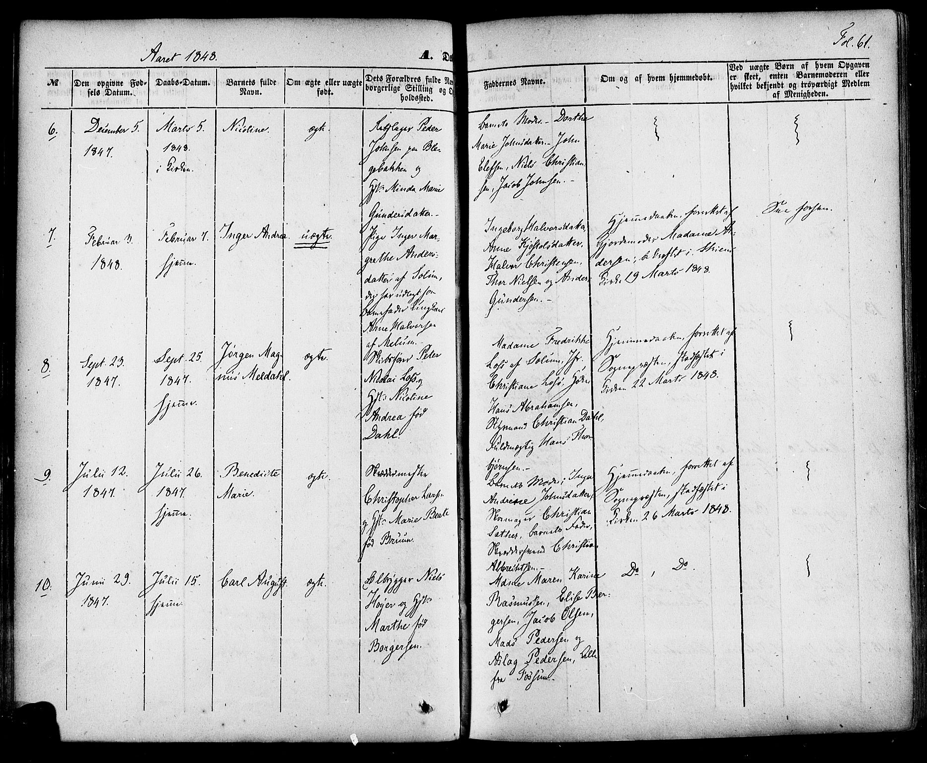 Skien kirkebøker, SAKO/A-302/F/Fa/L0006a: Parish register (official) no. 6A, 1843-1856, p. 61