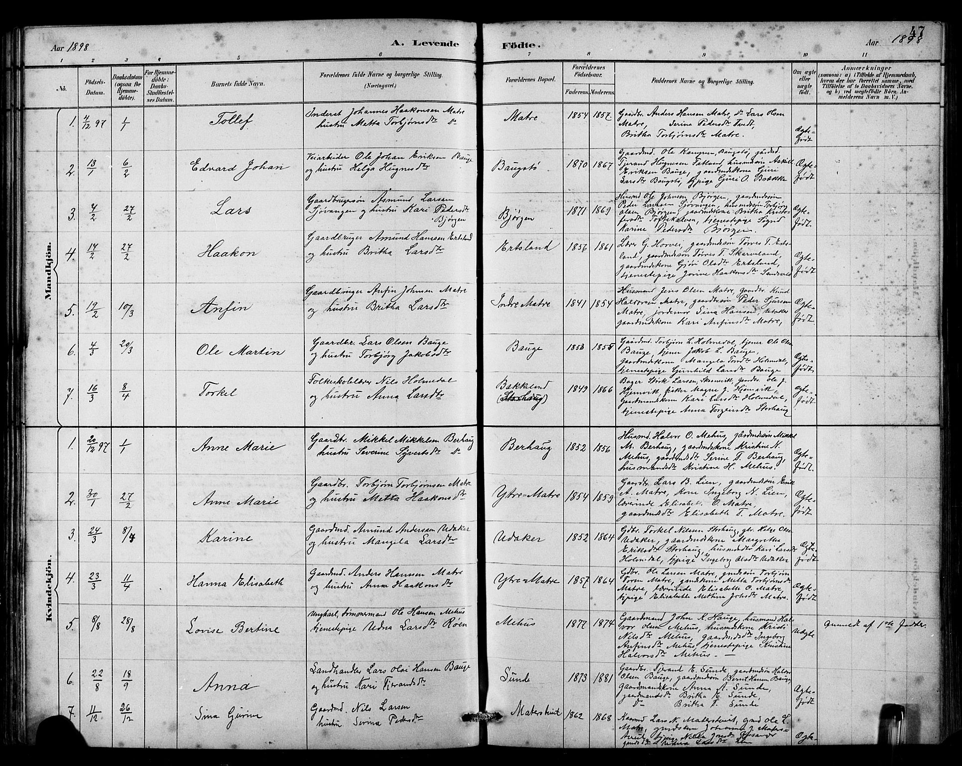 Husnes Sokneprestembete, SAB/A-75901/H/Hab: Parish register (copy) no. B 2, 1884-1914, p. 47