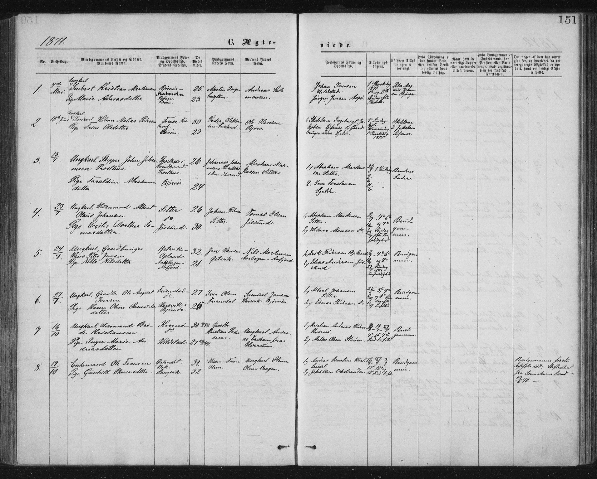 Ministerialprotokoller, klokkerbøker og fødselsregistre - Nord-Trøndelag, AV/SAT-A-1458/771/L0596: Parish register (official) no. 771A03, 1870-1884, p. 151
