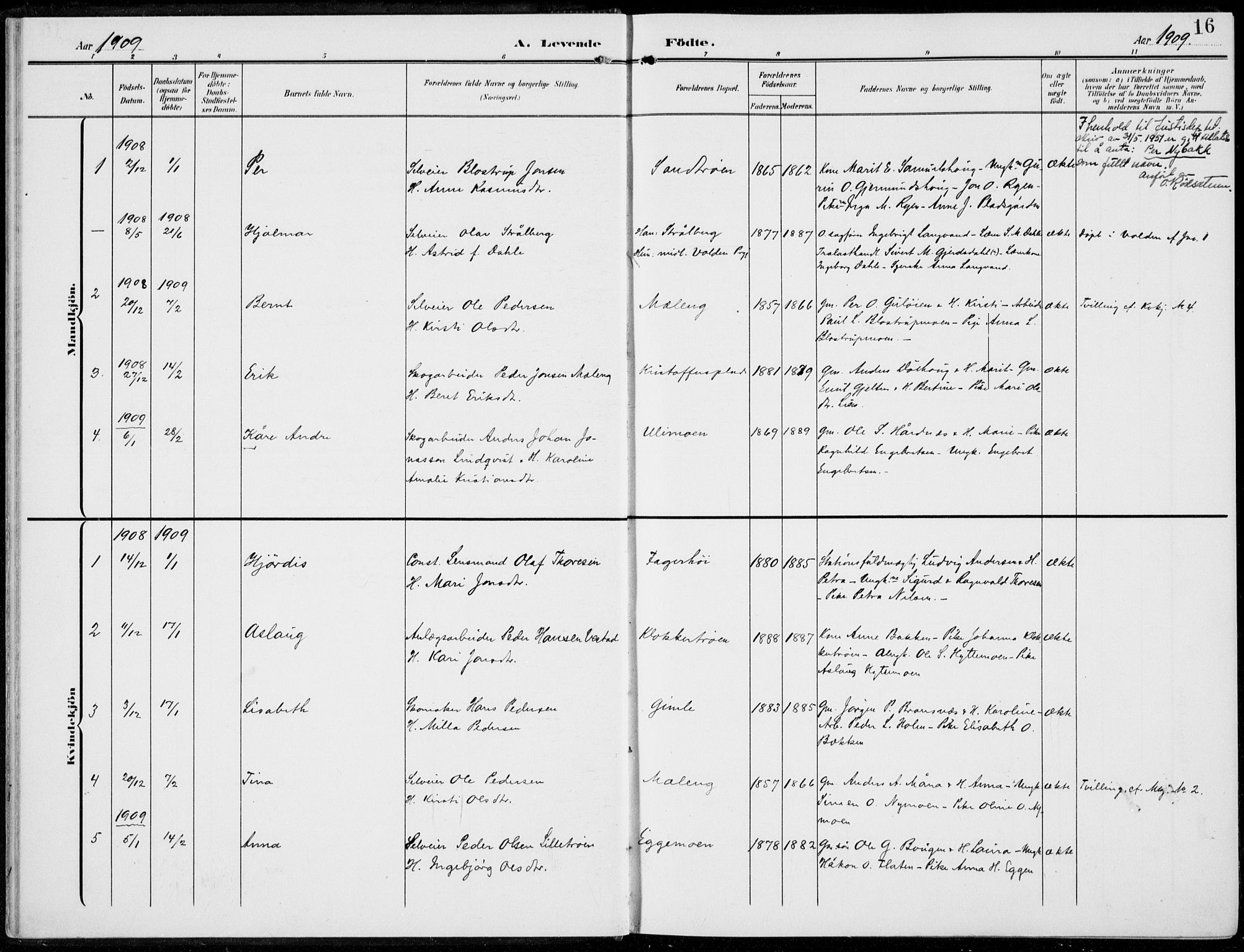 Alvdal prestekontor, AV/SAH-PREST-060/H/Ha/Haa/L0004: Parish register (official) no. 4, 1907-1919, p. 16