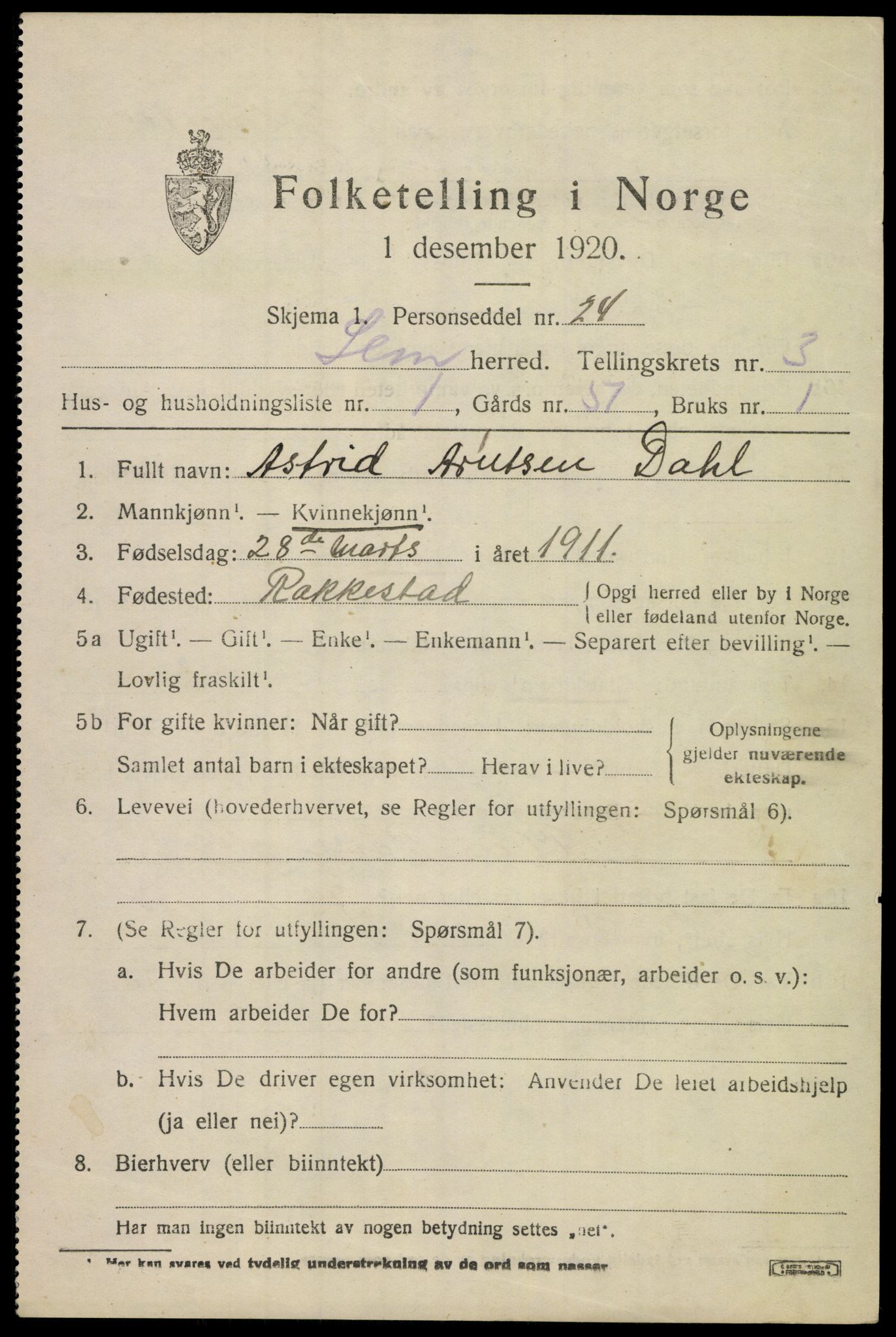 SAKO, 1920 census for Sem, 1920, p. 6359