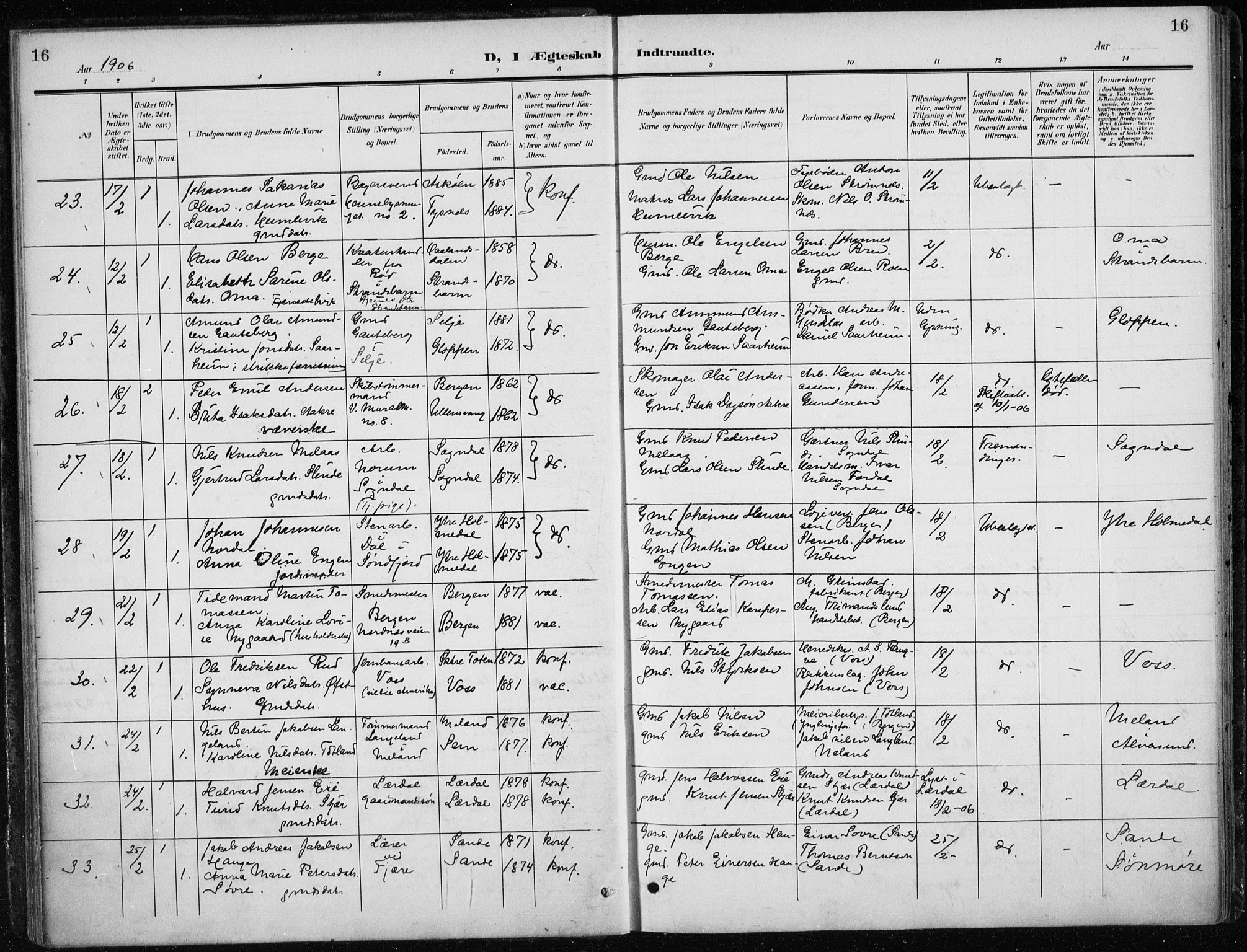 Nykirken Sokneprestembete, AV/SAB-A-77101/H/Haa/L0035: Parish register (official) no. D 5, 1905-1913, p. 16