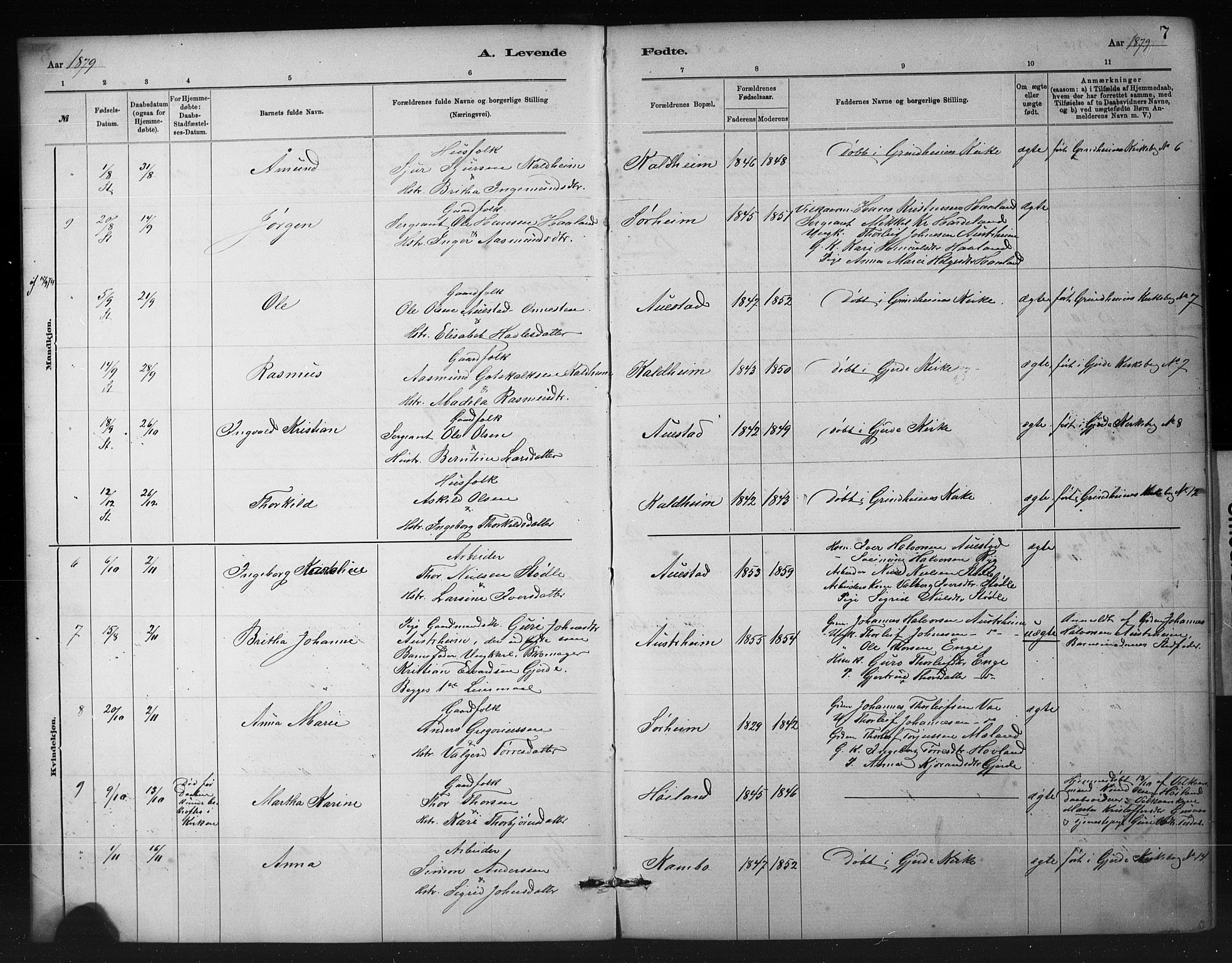 Etne sokneprestembete, SAB/A-75001/H/Hab: Parish register (copy) no. A 5, 1879-1896, p. 7
