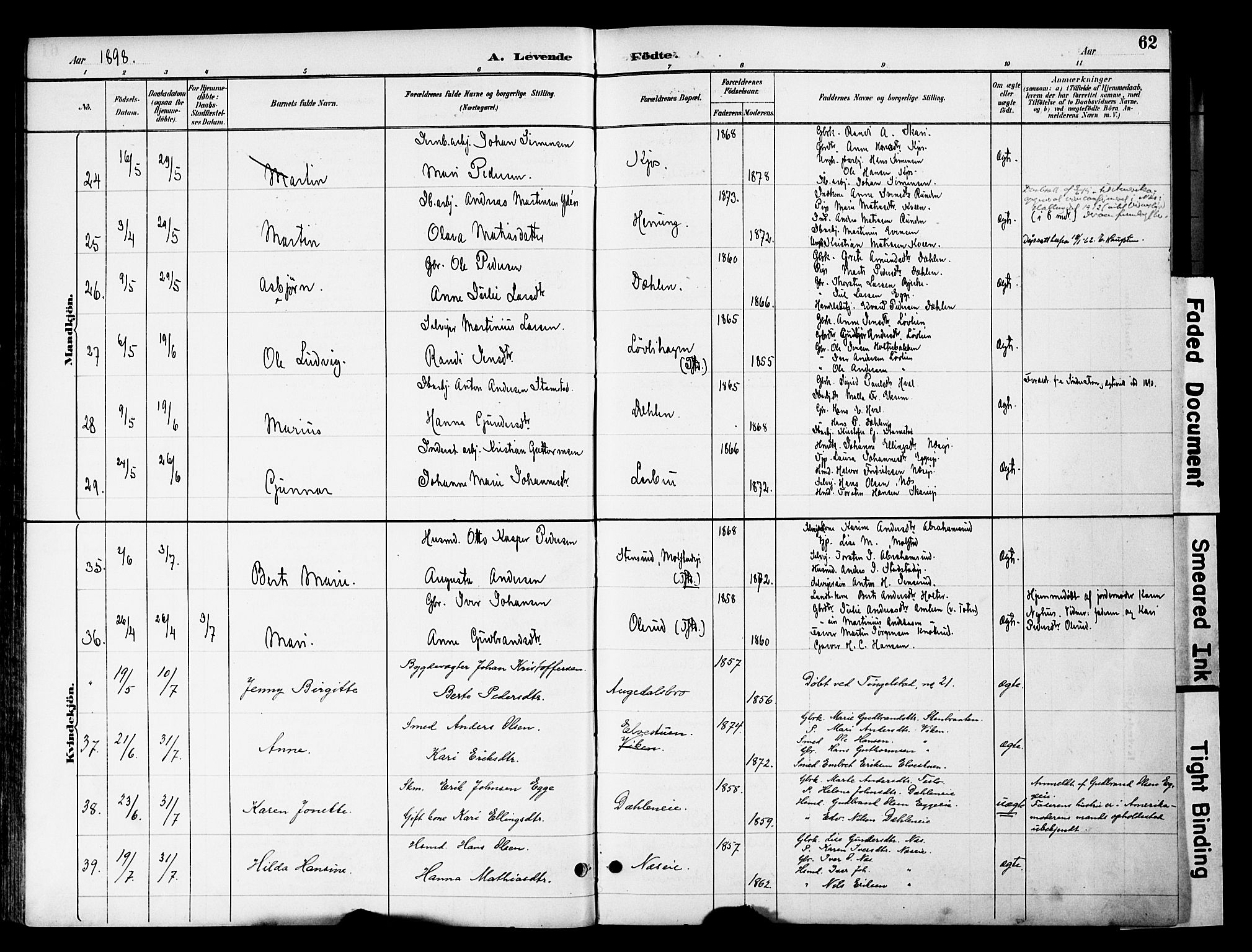 Gran prestekontor, AV/SAH-PREST-112/H/Ha/Haa/L0020: Parish register (official) no. 20, 1889-1899, p. 62