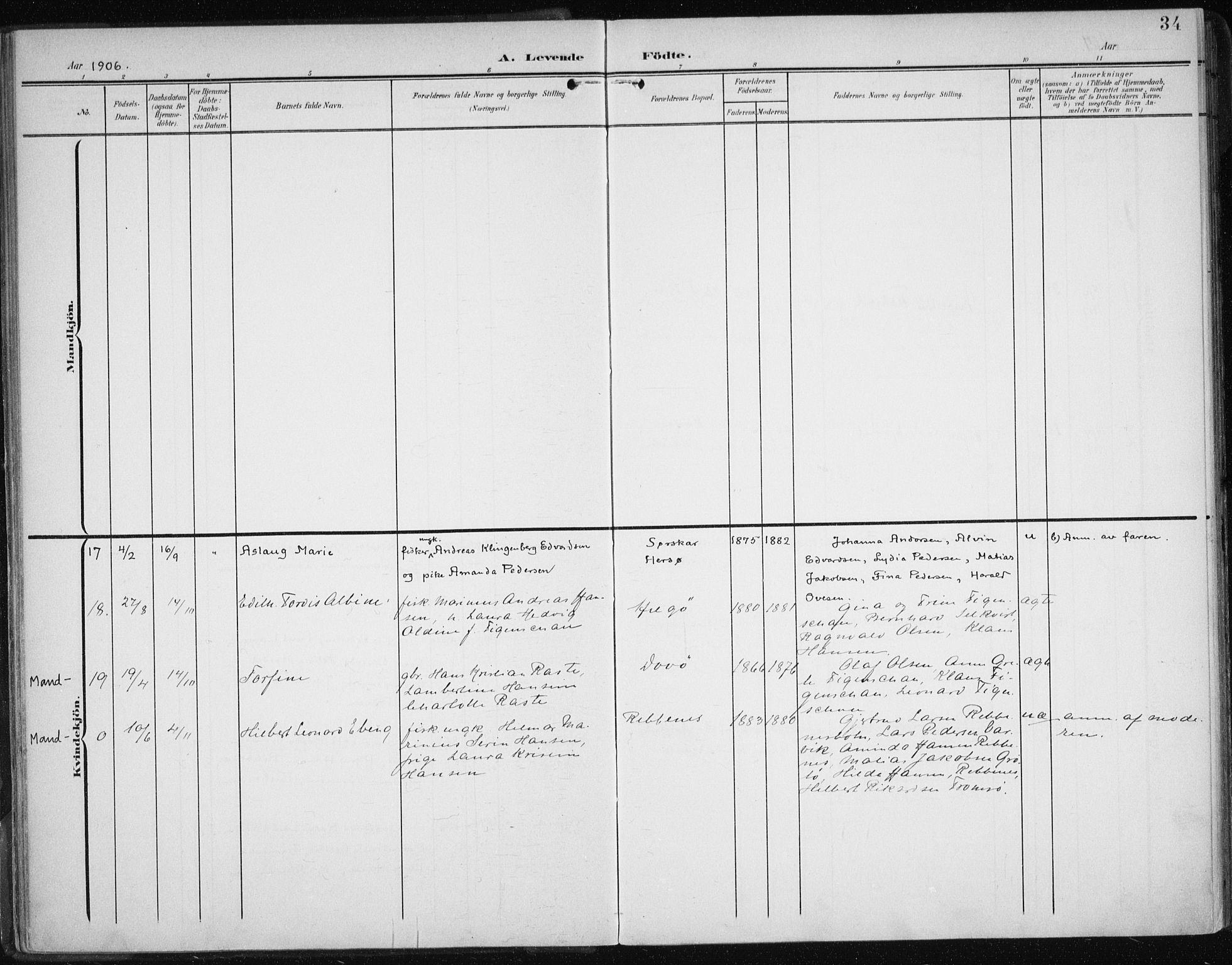 Karlsøy sokneprestembete, AV/SATØ-S-1299/H/Ha/Haa/L0013kirke: Parish register (official) no. 13, 1902-1916, p. 34