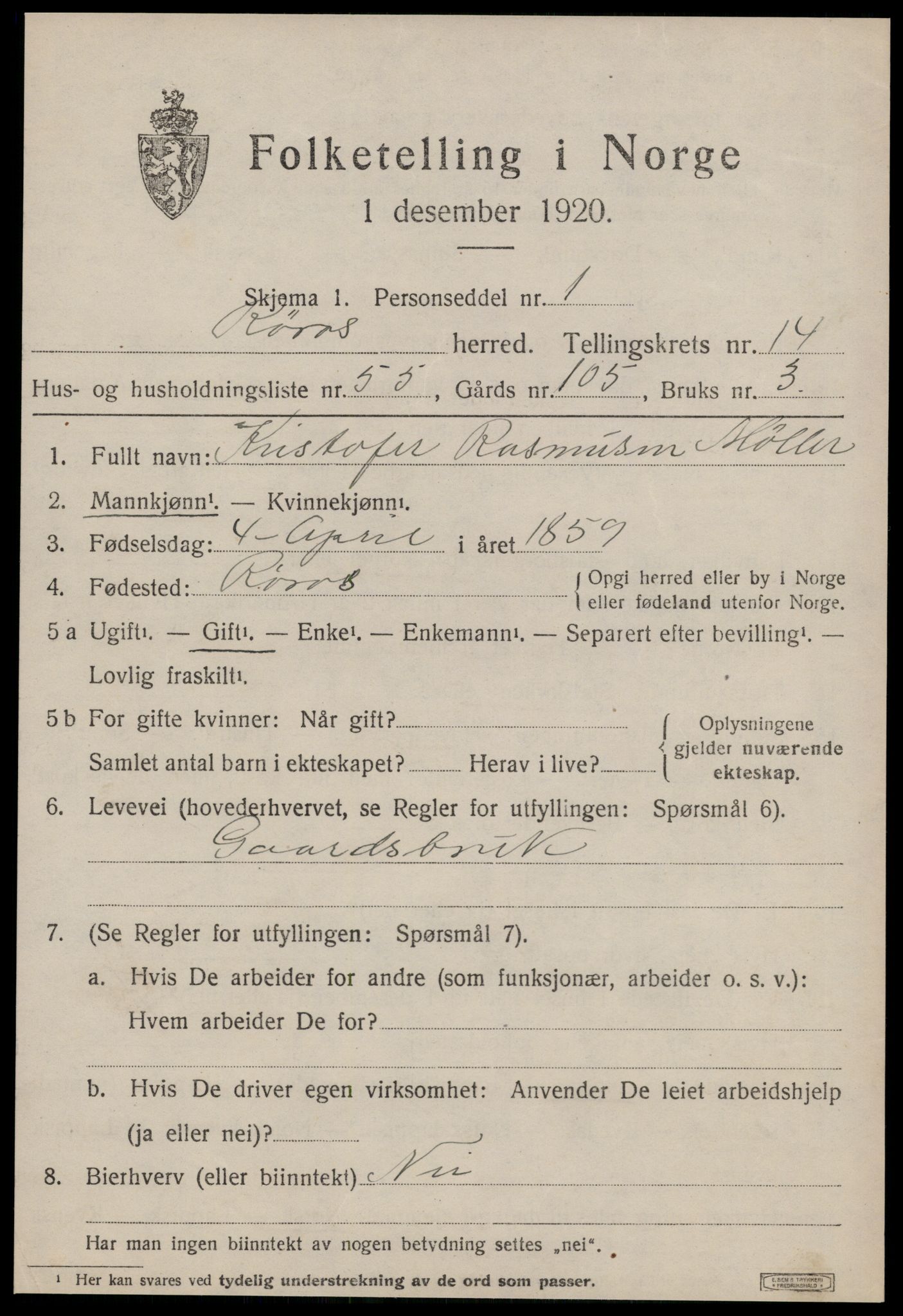 SAT, 1920 census for Røros, 1920, p. 10256