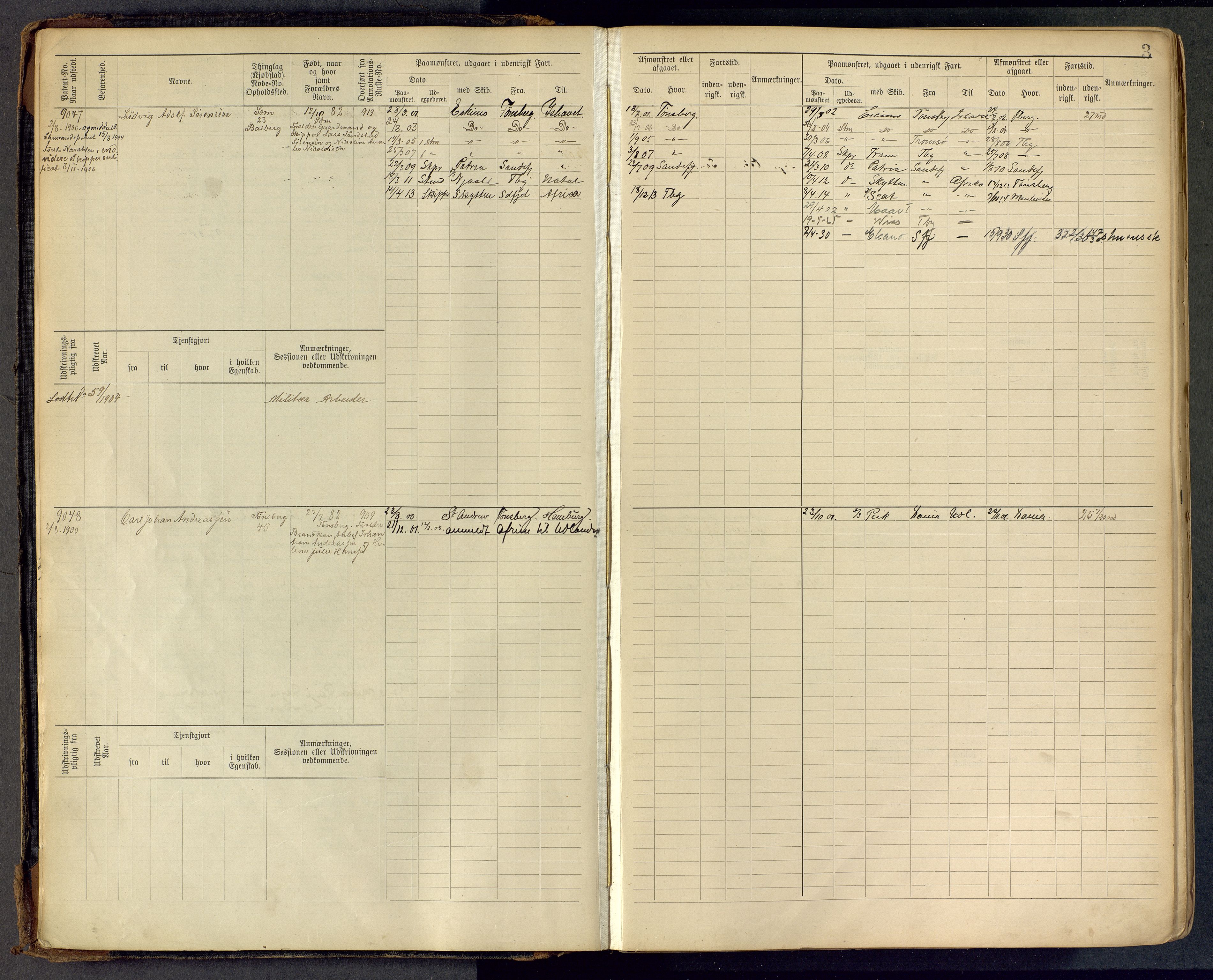 Tønsberg innrulleringskontor, AV/SAKO-A-786/F/Fc/Fcb/L0009: Hovedrulle Patent nr. 9043-9992, 1900-1921, p. 3