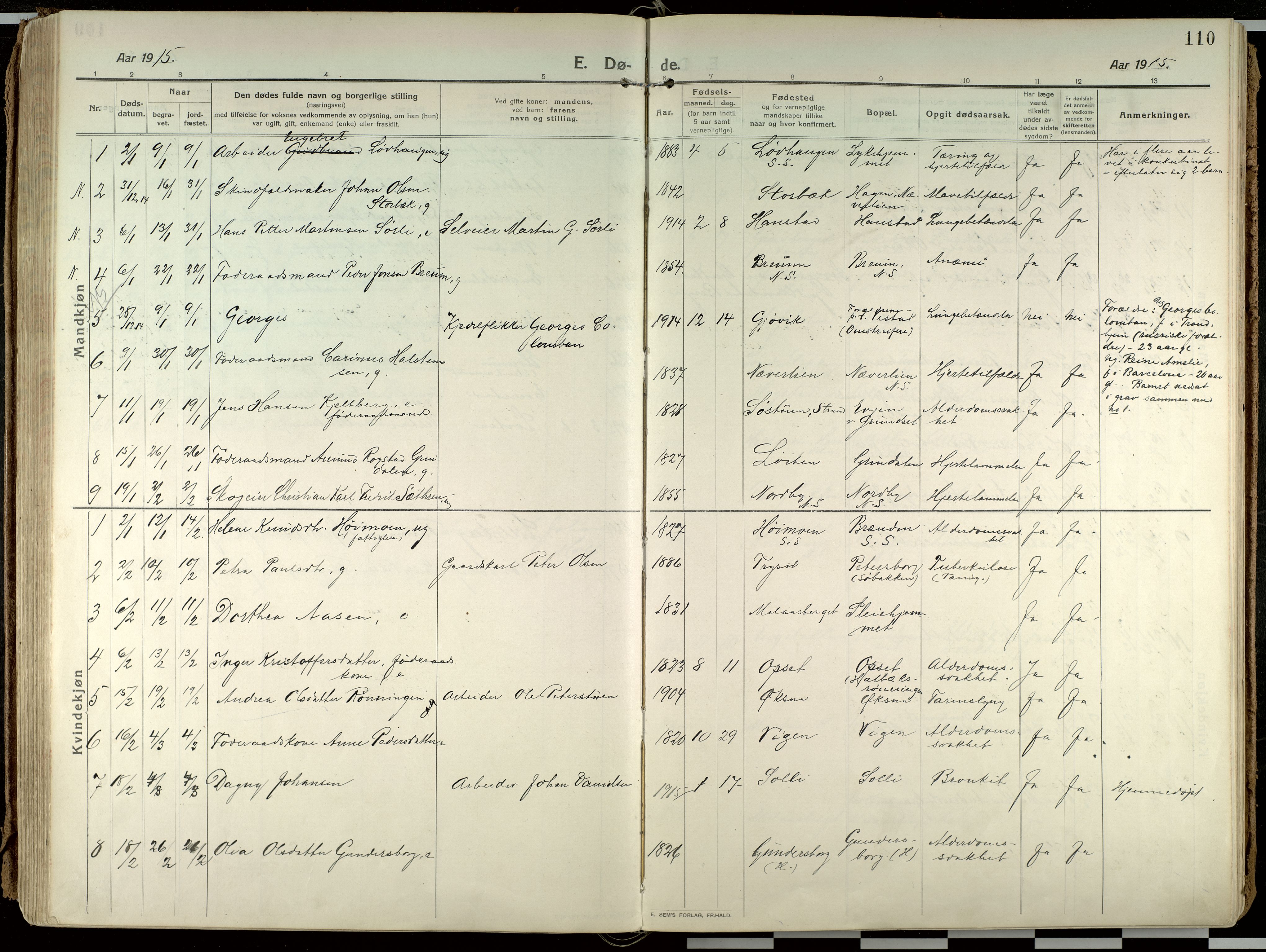 Elverum prestekontor, SAH/PREST-044/H/Ha/Haa/L0021: Parish register (official) no. 21, 1913-1928, p. 110