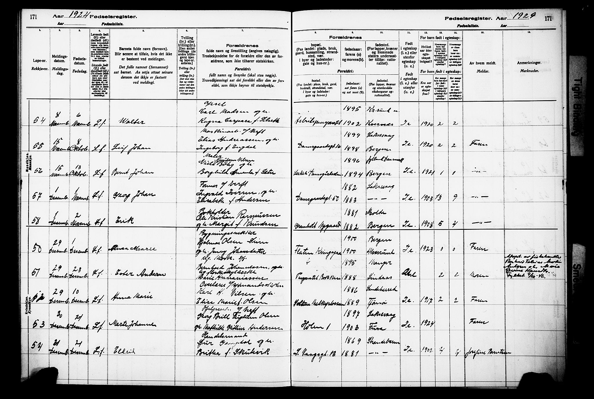 Laksevåg Sokneprestembete, AV/SAB-A-76501/I/Id/L00A1: Birth register no. A 1, 1916-1926, p. 171