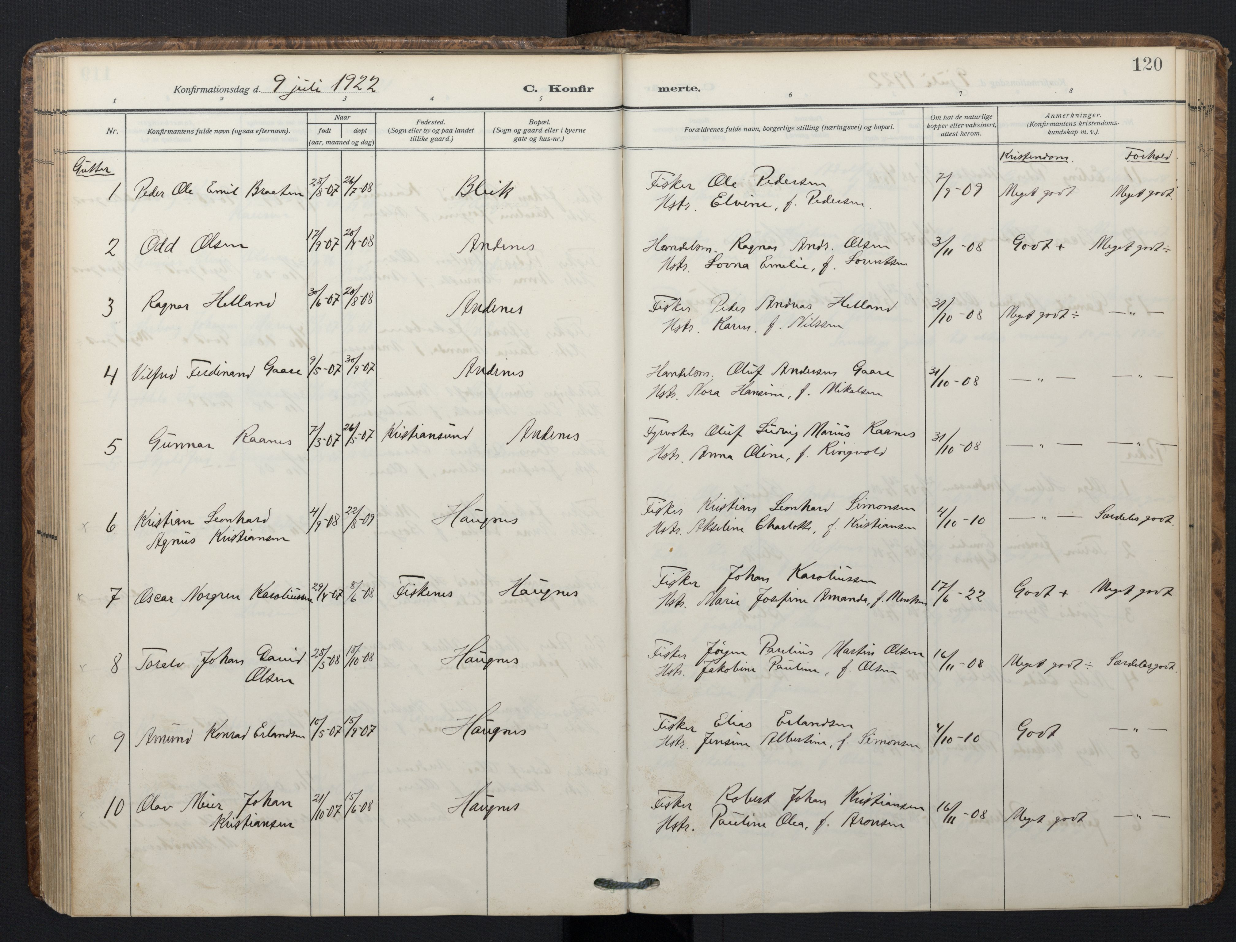 Ministerialprotokoller, klokkerbøker og fødselsregistre - Nordland, AV/SAT-A-1459/899/L1438: Parish register (official) no. 899A06, 1909-1922, p. 120