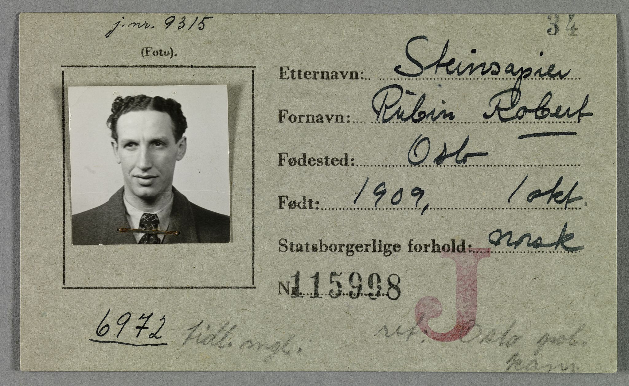 Sosialdepartementet, Våre Falne, RA/S-1708/E/Ee/L0021A: Fotografier av jøder på legitimasjonskort (1941-42), 1941-1942, p. 325