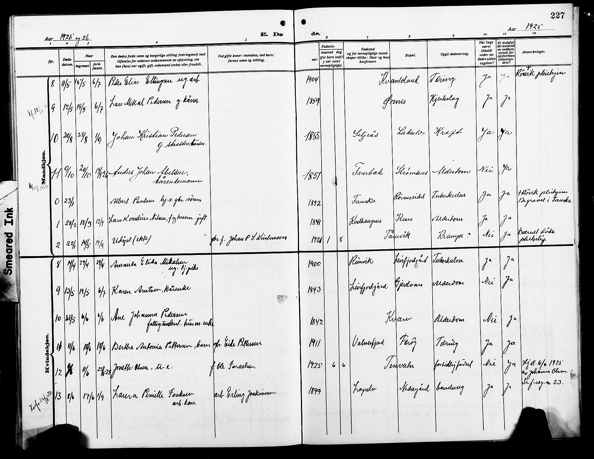 Ministerialprotokoller, klokkerbøker og fødselsregistre - Nordland, AV/SAT-A-1459/854/L0787: Parish register (copy) no. 854C03, 1913-1926, p. 227