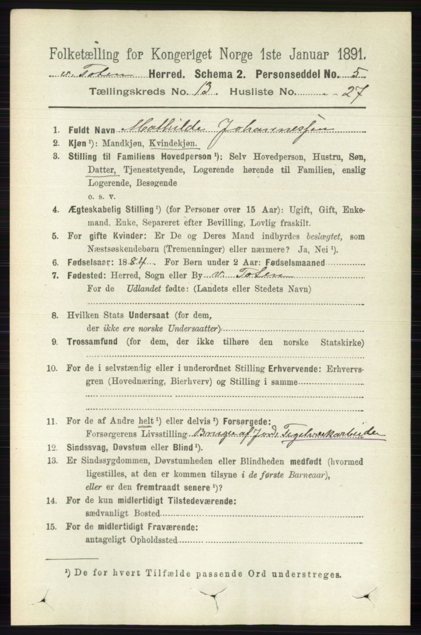 RA, 1891 census for 0529 Vestre Toten, 1891, p. 7945