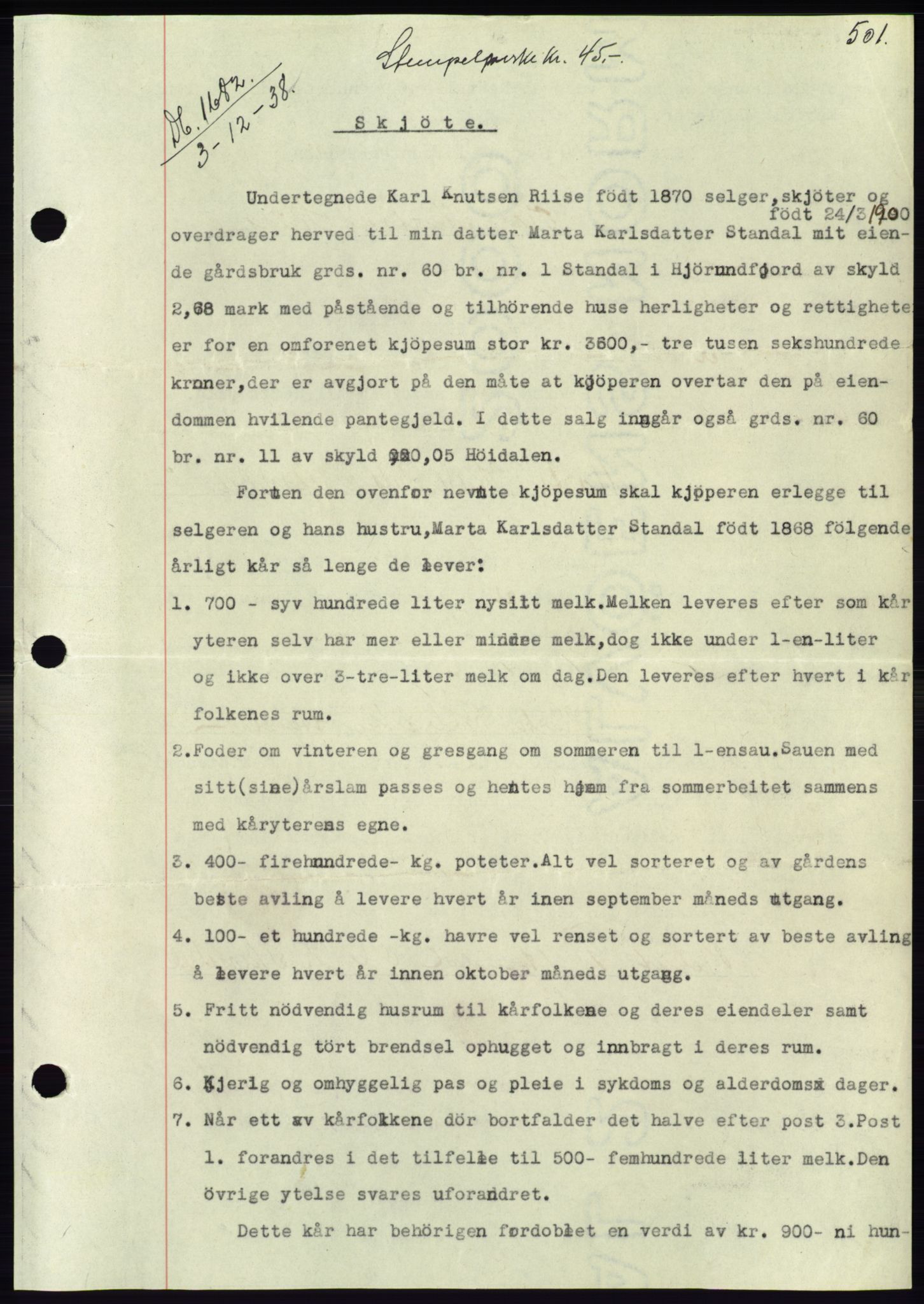 Søre Sunnmøre sorenskriveri, AV/SAT-A-4122/1/2/2C/L0066: Mortgage book no. 60, 1938-1938, Diary no: : 1682/1938