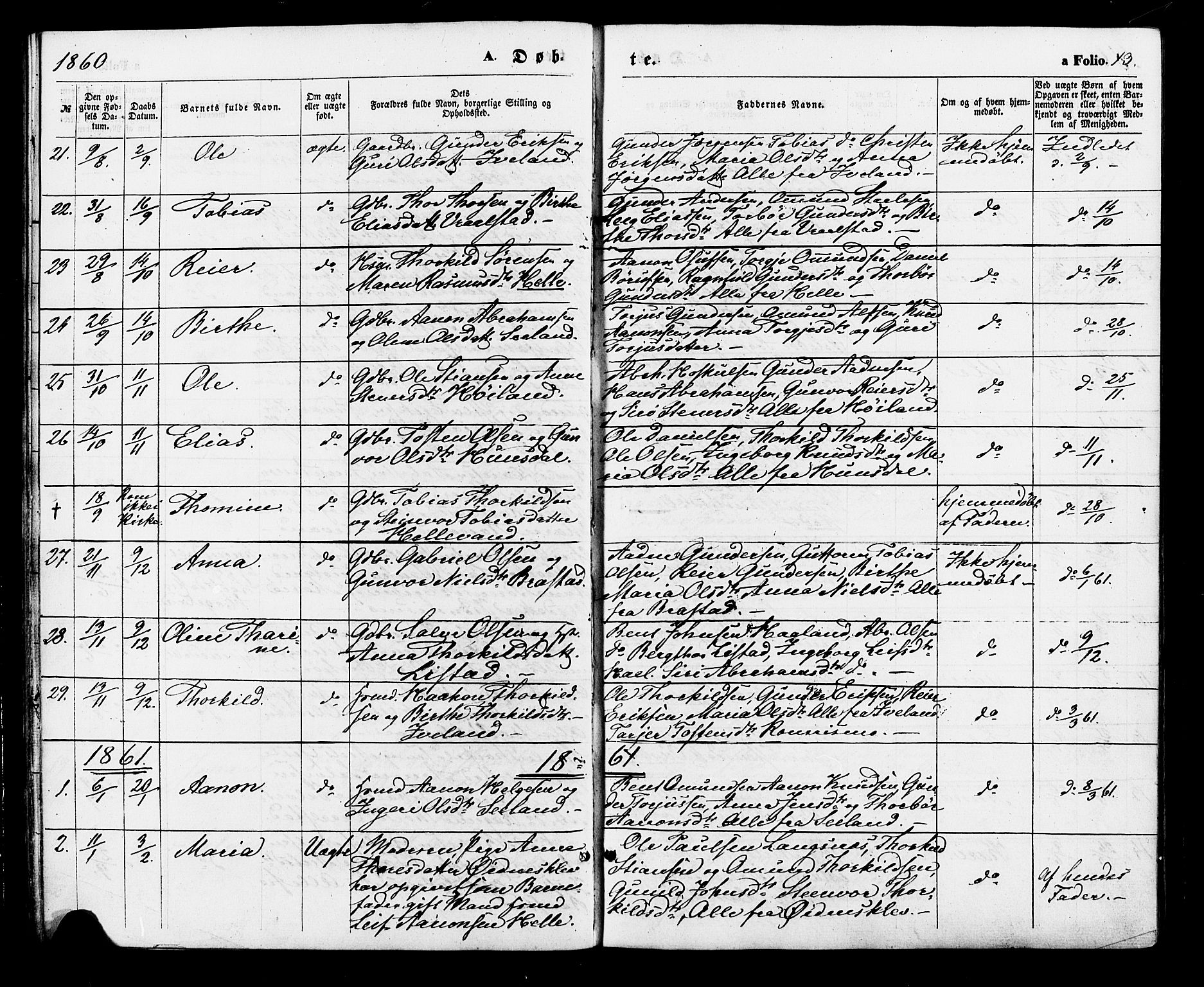 Nord-Audnedal sokneprestkontor, AV/SAK-1111-0032/F/Fa/Faa/L0002: Parish register (official) no. A 2, 1857-1882, p. 13